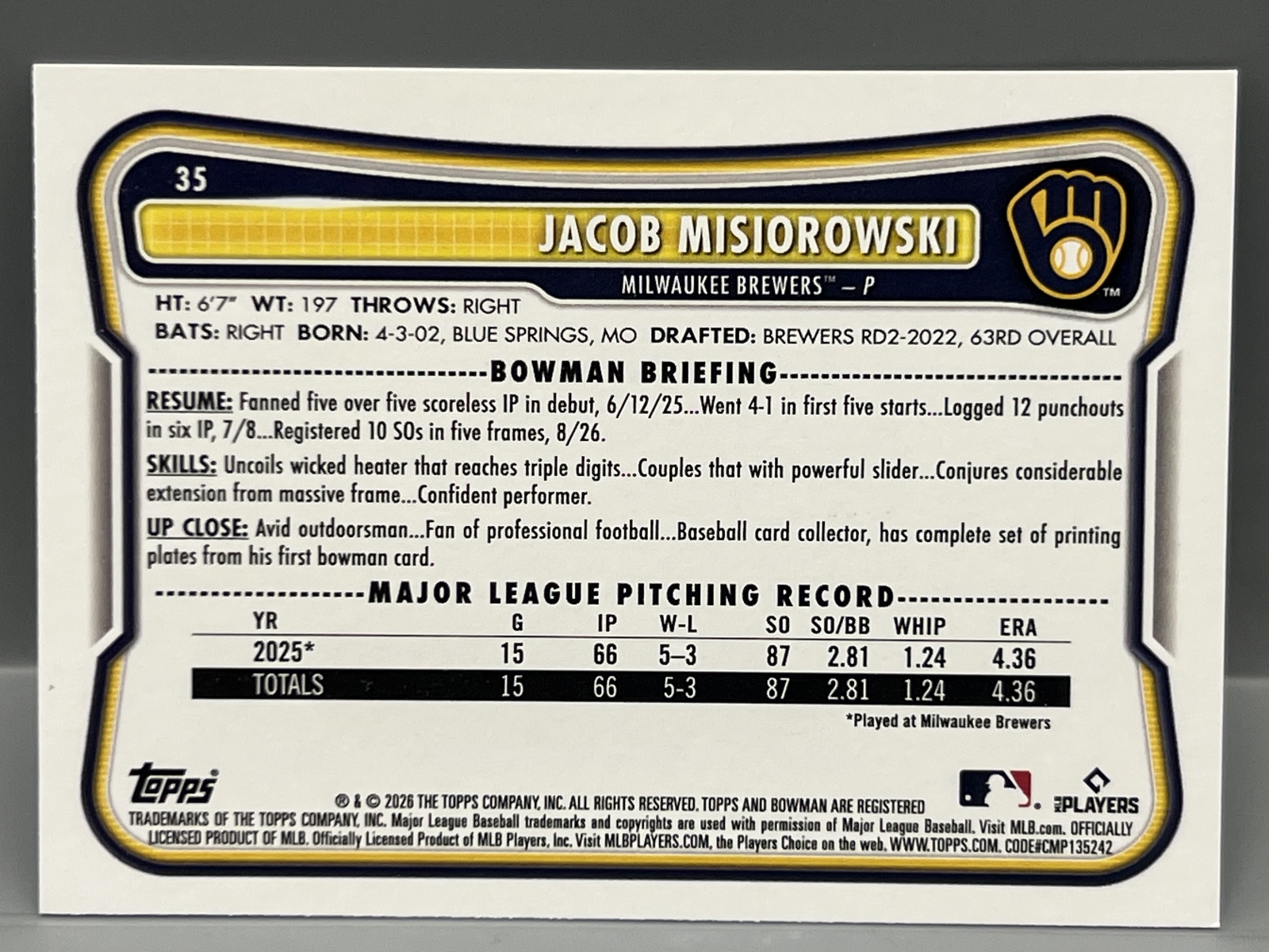 2026 Bowman Jacob Misiorowski RC #35