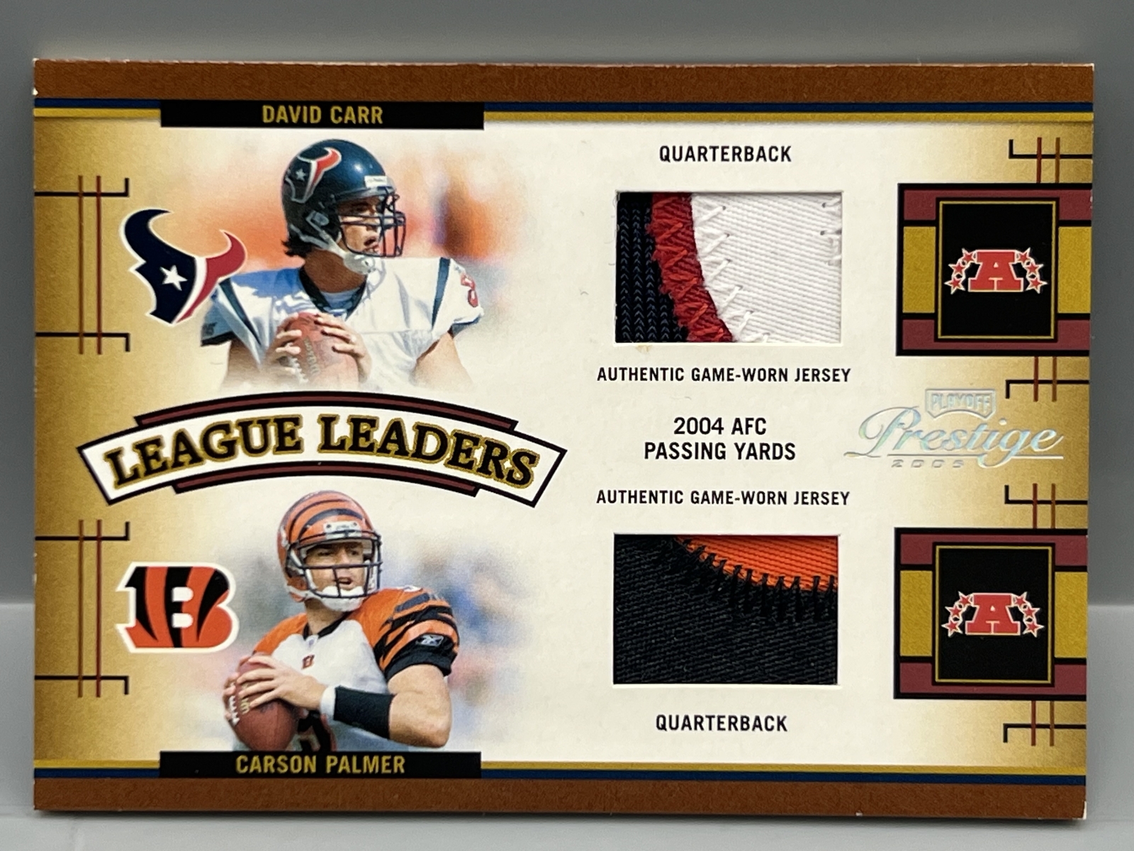 2005 Playoff Prestige David Carr/Carson Palmer/Marc Bulger/Aaron Brooks Quad League Leaders Game Worn Patch #/25