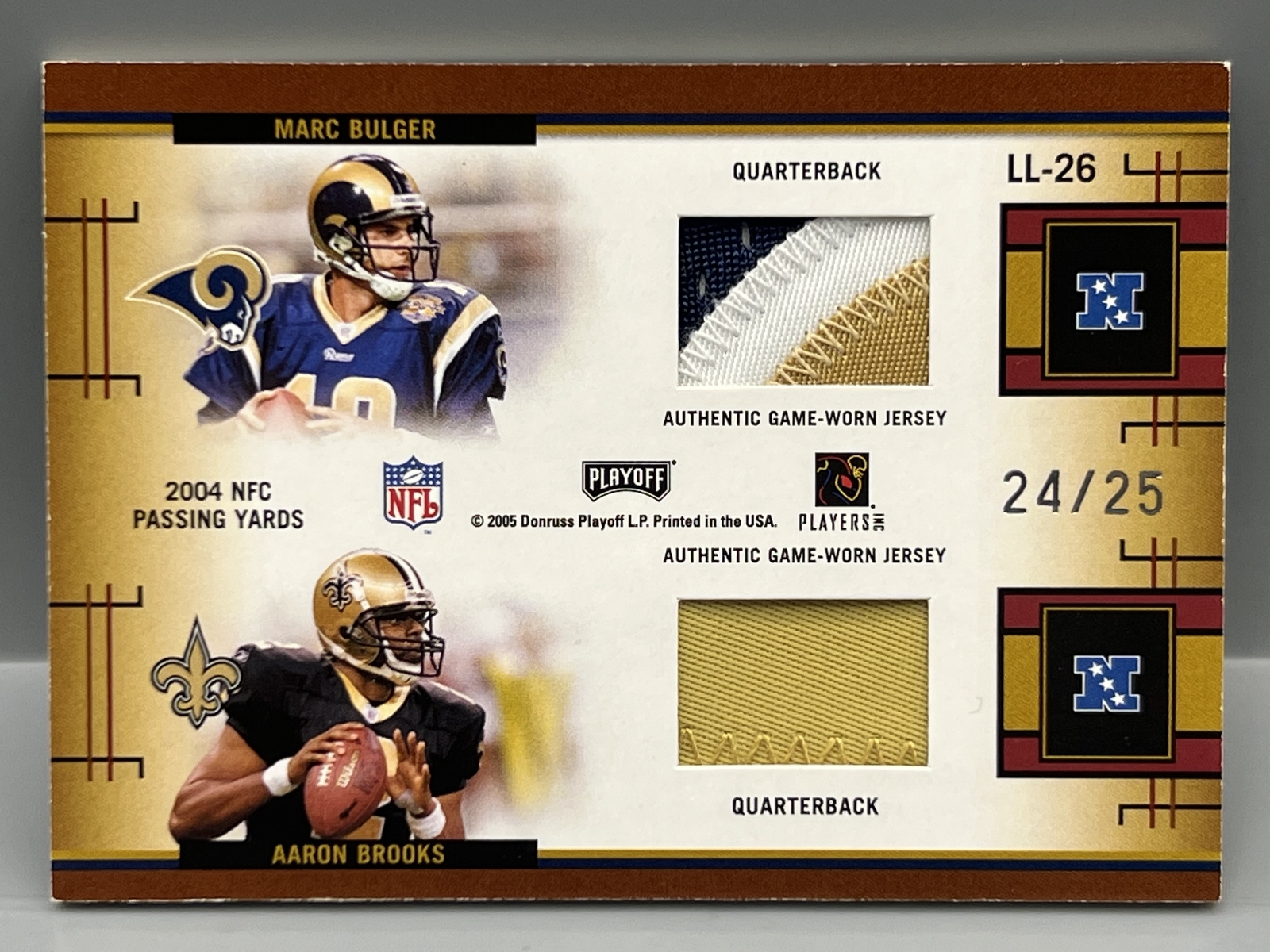 2005 Playoff Prestige David Carr/Carson Palmer/Marc Bulger/Aaron Brooks Quad League Leaders Game Worn Patch #/25