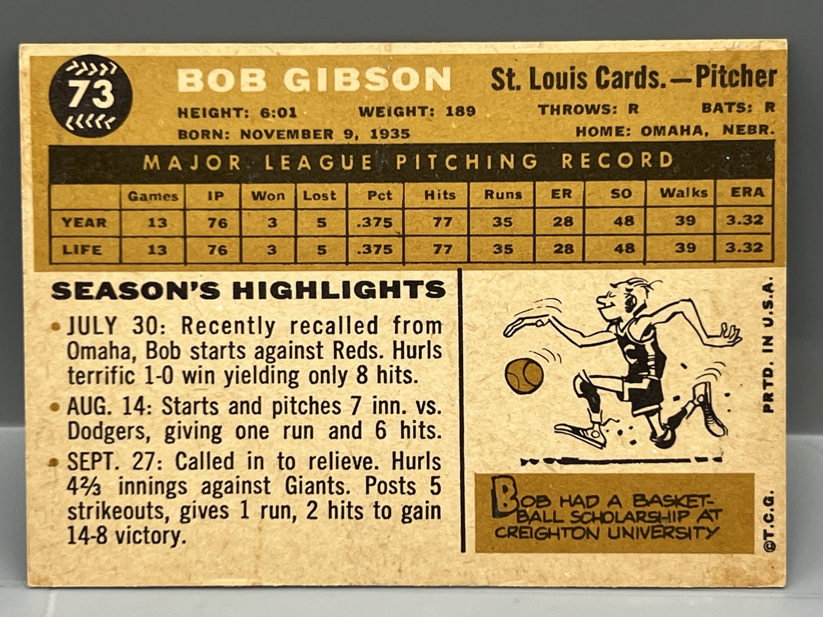 1960 Topps #73 Bob Gibson (HOF) / Cardinals - 2nd Year Card - Sharp!