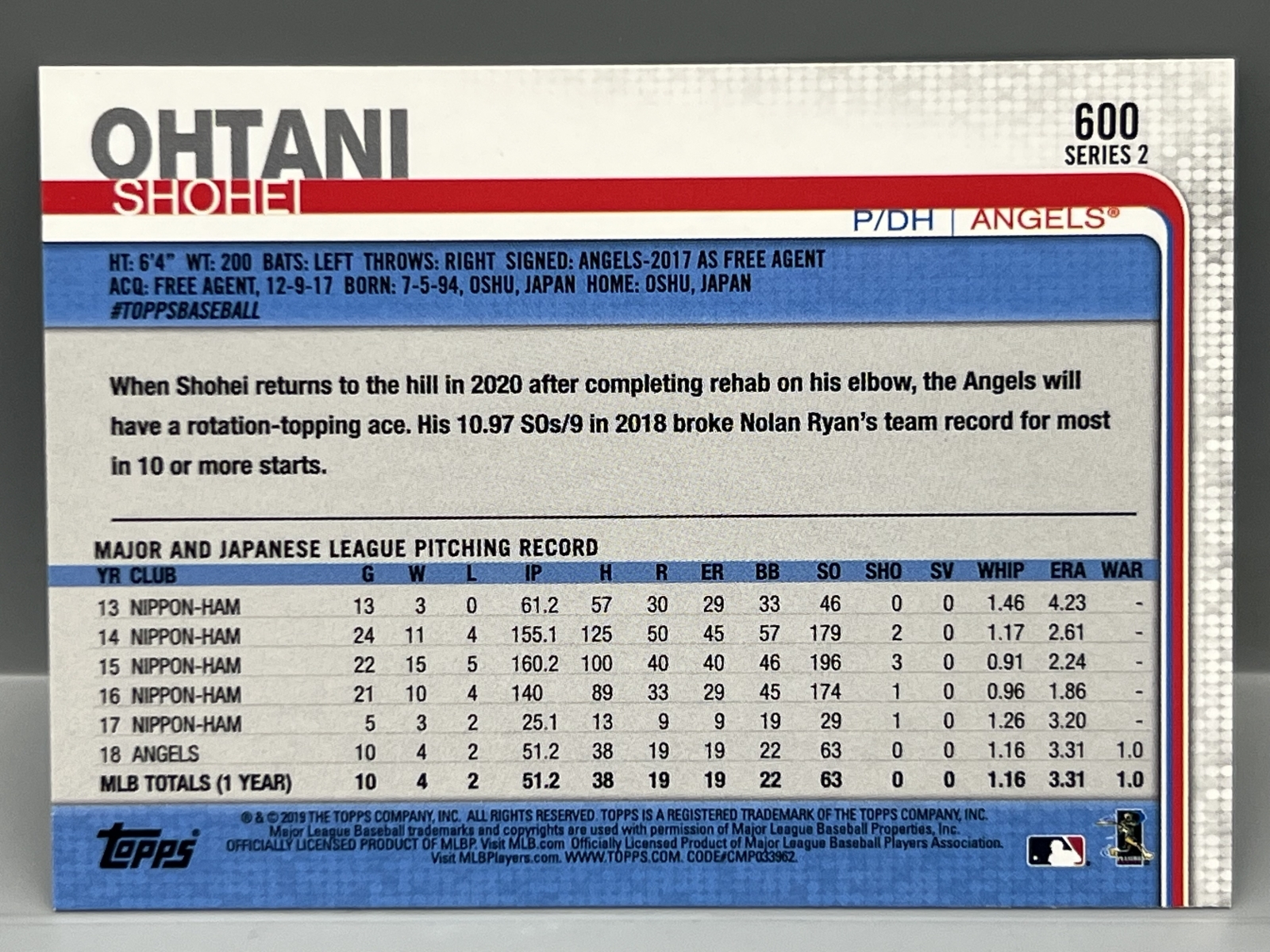2019 Topps Series Two Shohei Ohtani Rookie Cup 2nd Year #600