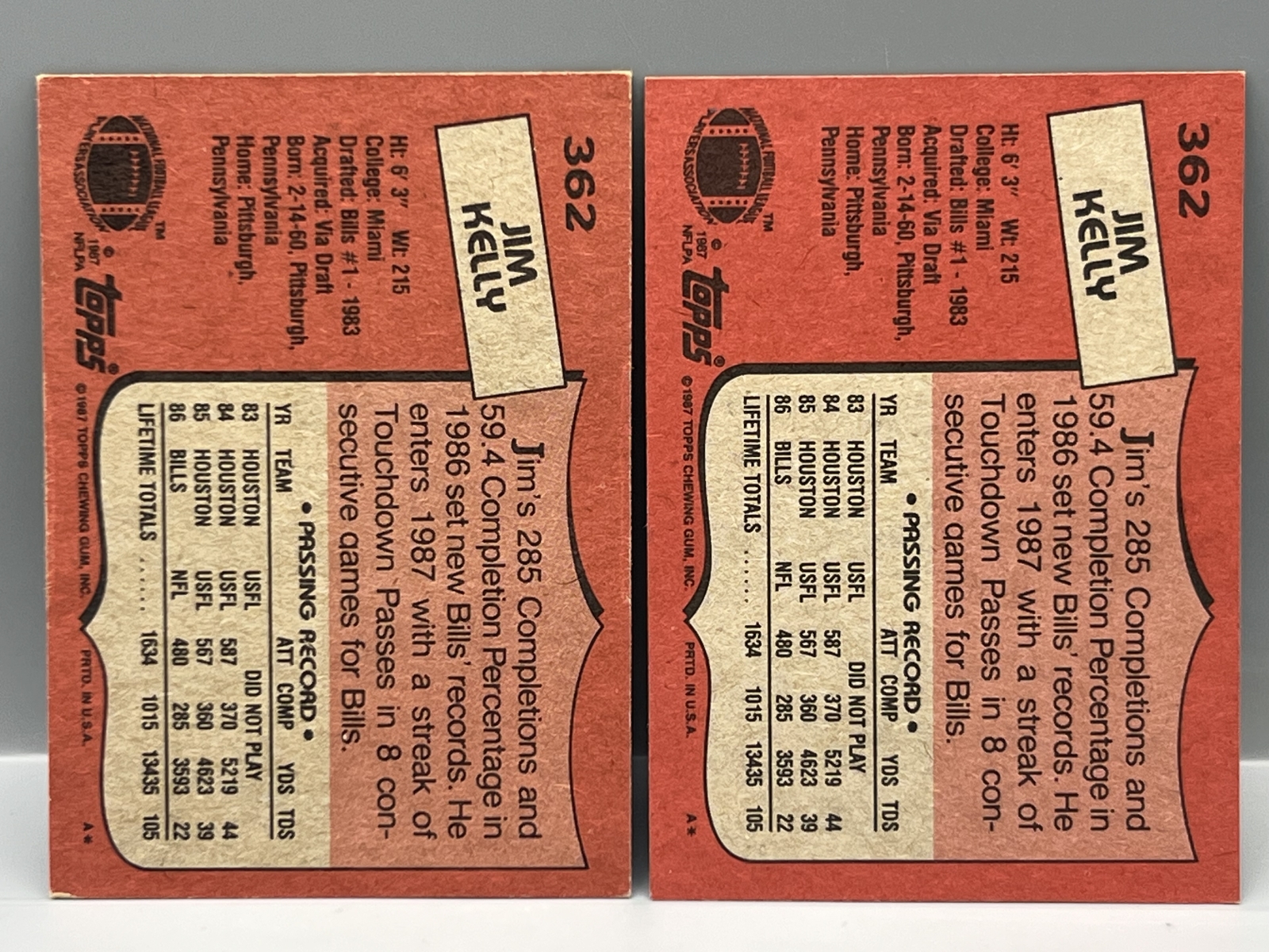 (2) 1987 Topps Jim Kelly RCs #362