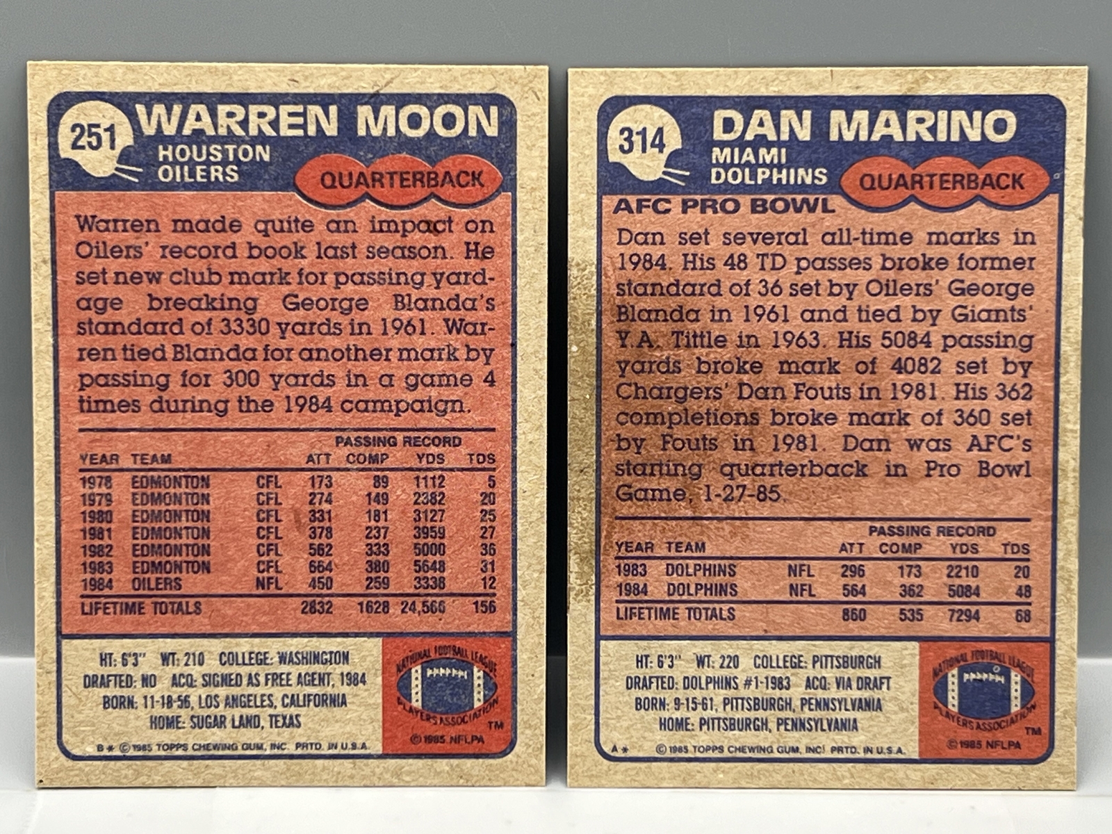 1985 Topps Warren Moon RC #251 & Dan Marino #314 2nd Year Card