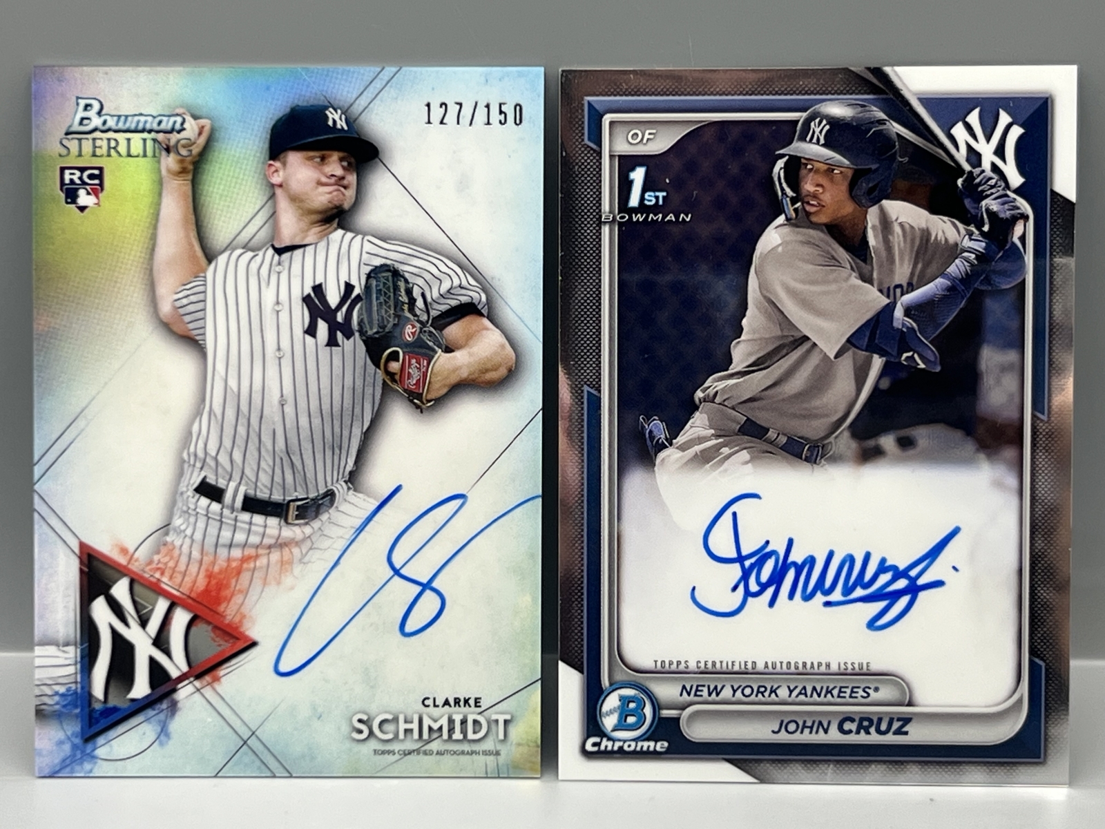 2021 Bowman Sterling Clarke Schmidt Refractor RC Auto #/150 & 2024 Bowman Chrome John Cruz 1st Bowman RC Auto