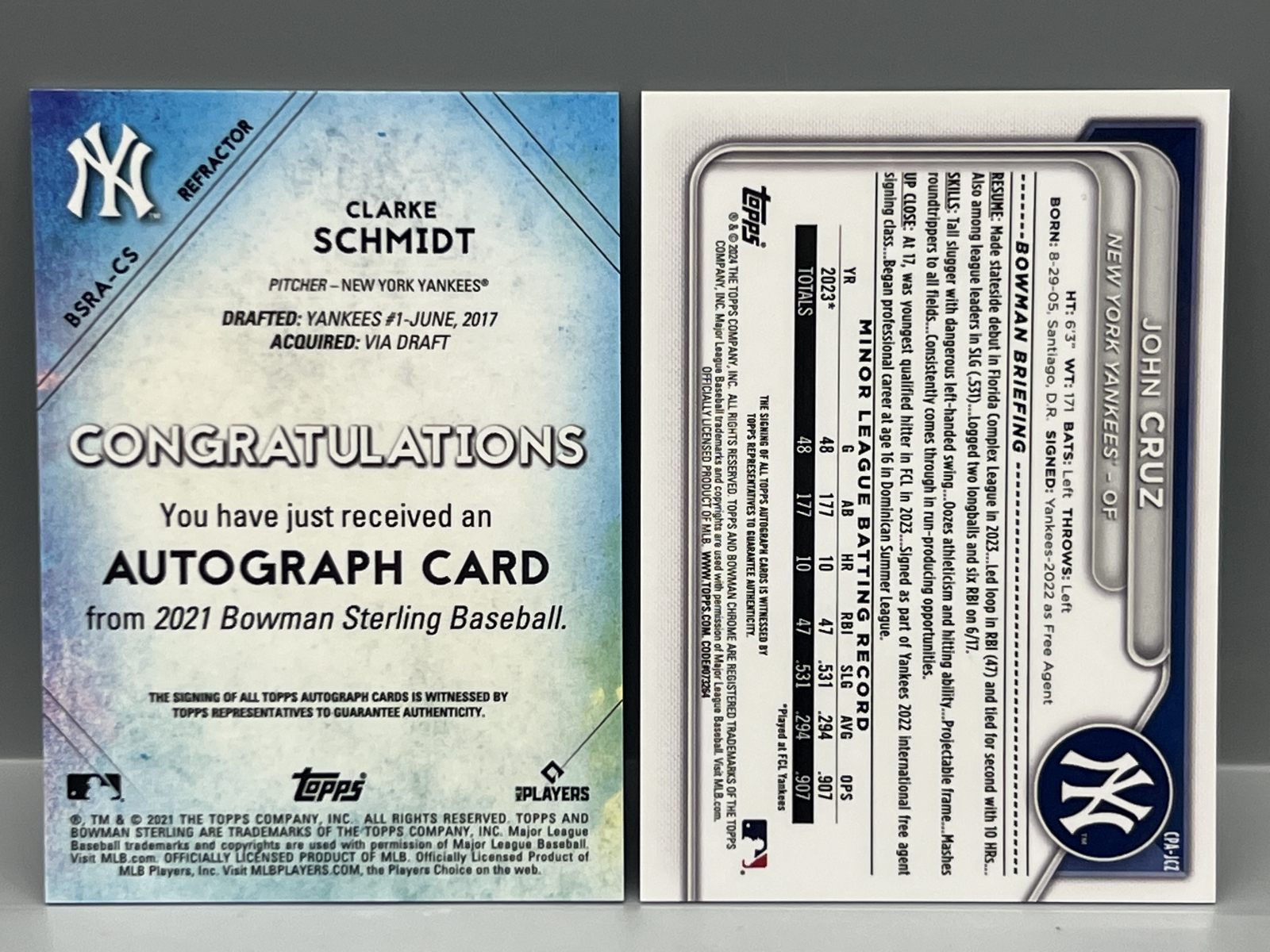 2021 Bowman Sterling Clarke Schmidt Refractor RC Auto #/150 & 2024 Bowman Chrome John Cruz 1st Bowman RC Auto