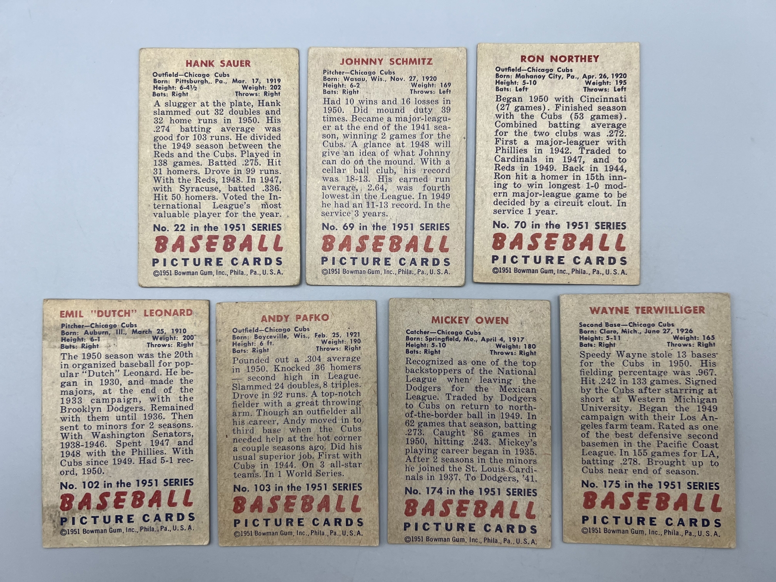 (Lot Of 7) 1951 Bowman - Chicago Cubs Singles - Varying Conditions