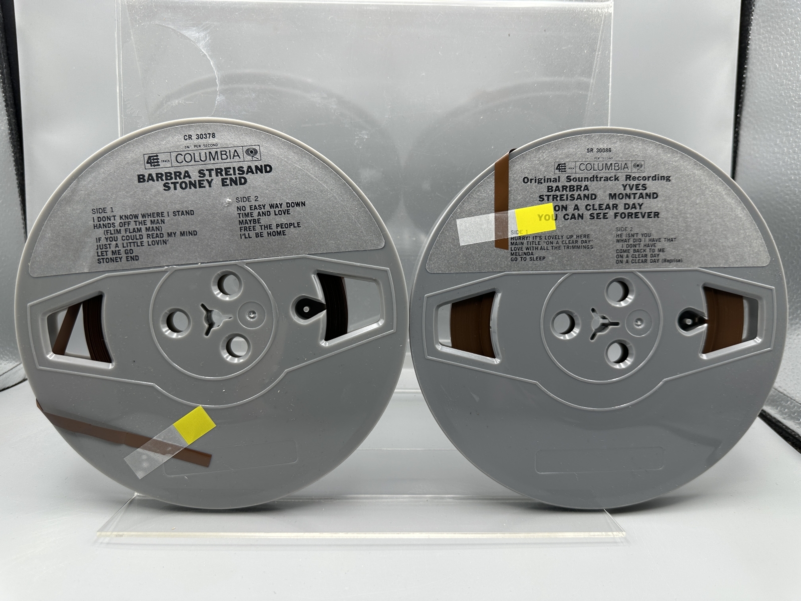 Two (2) Barbra Streisand 4-Track Stereo Reel-To-Reel Tapes: Stoney End, 3 3/4 IPS, Columbia CR 30378; and On A Clear Day You Can See Forever