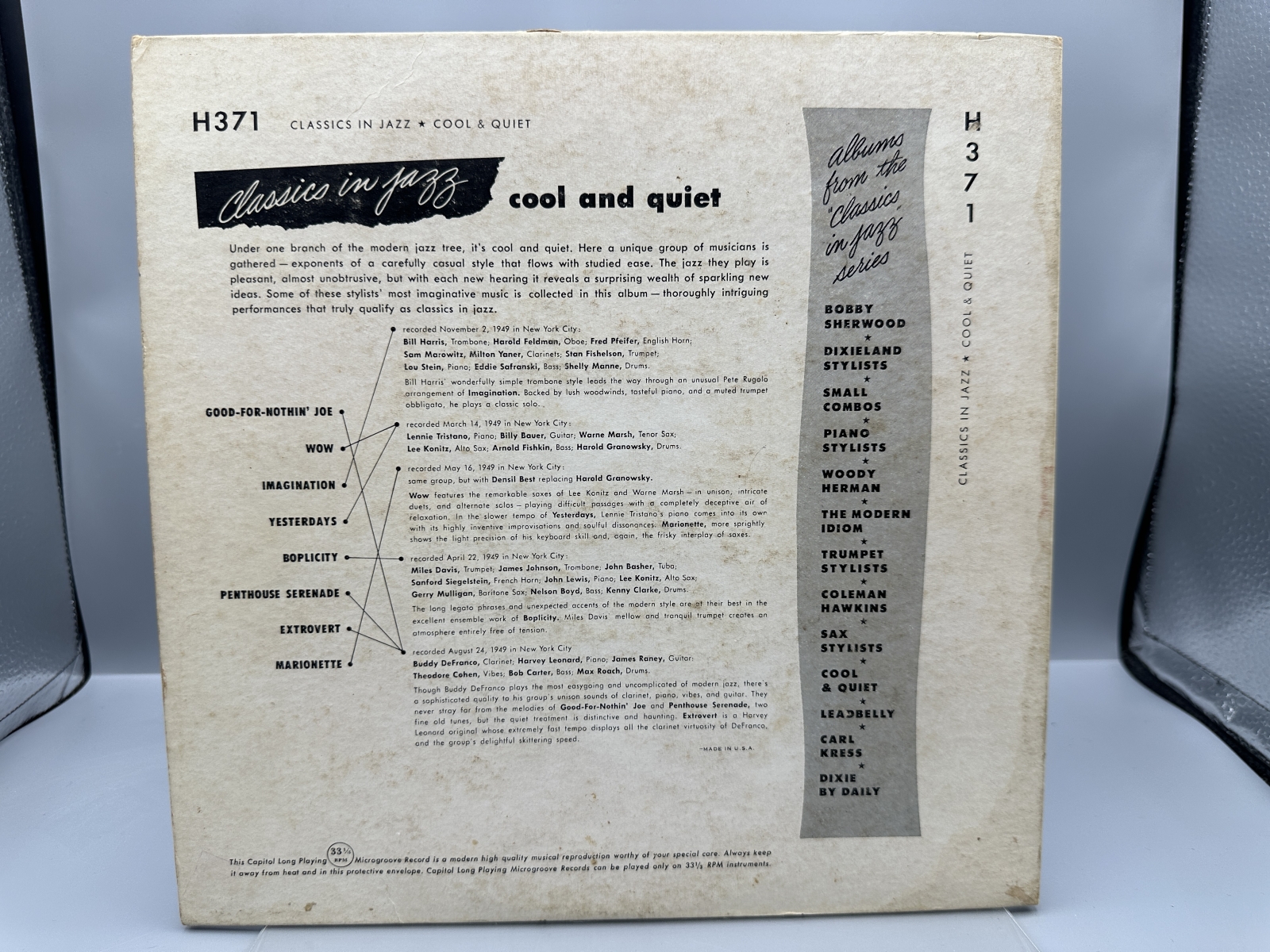 Classics In Jazz - Cool And Quiet (1953), 10-inch 33 1/3 rpm record features performances by four jazz greats: Miles Davis, Lennie Tristano,