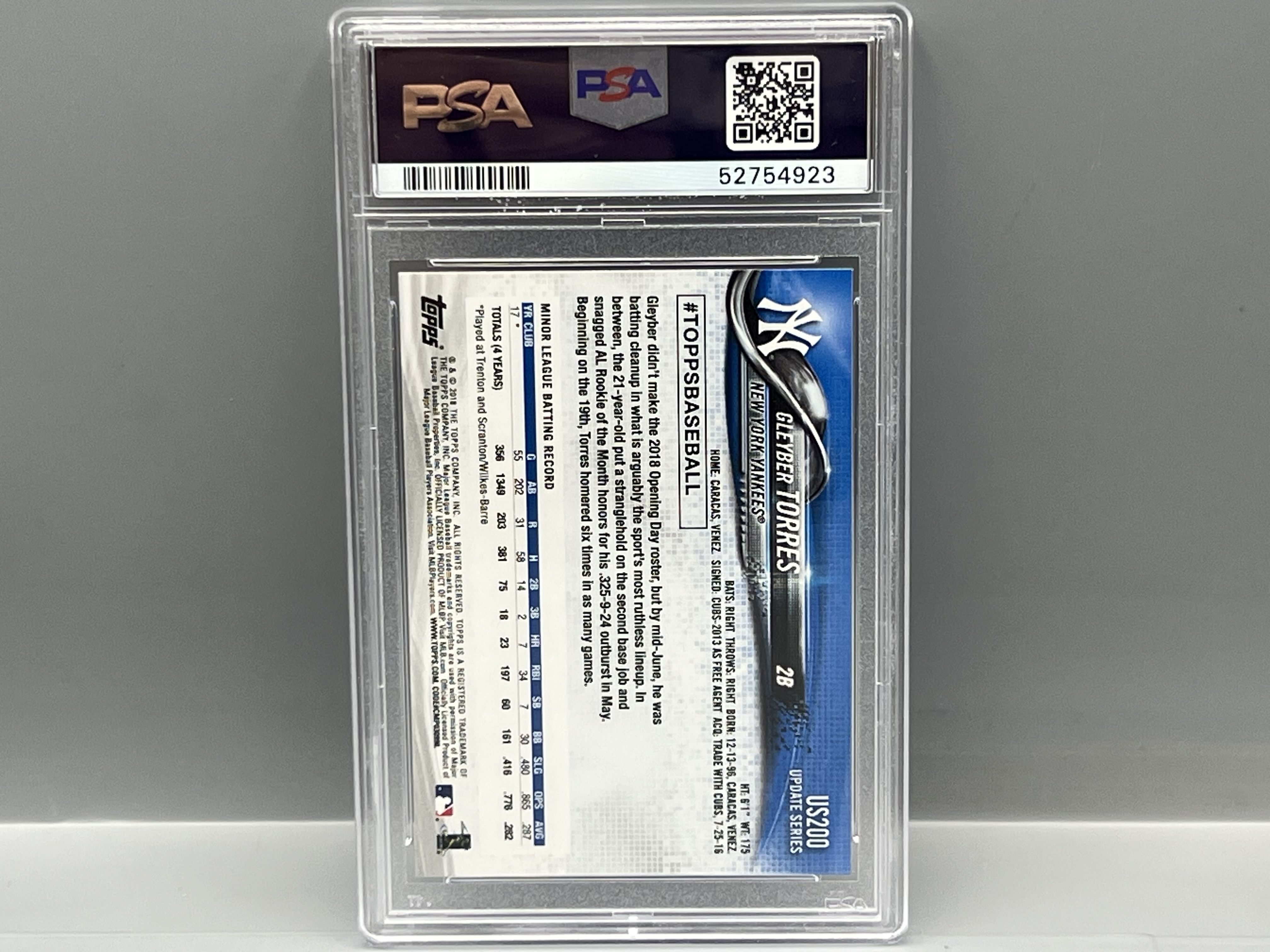 2018 Topps Update Gleyber Torres Pinstripe Jersey #US200 PSA Gem Mint 10