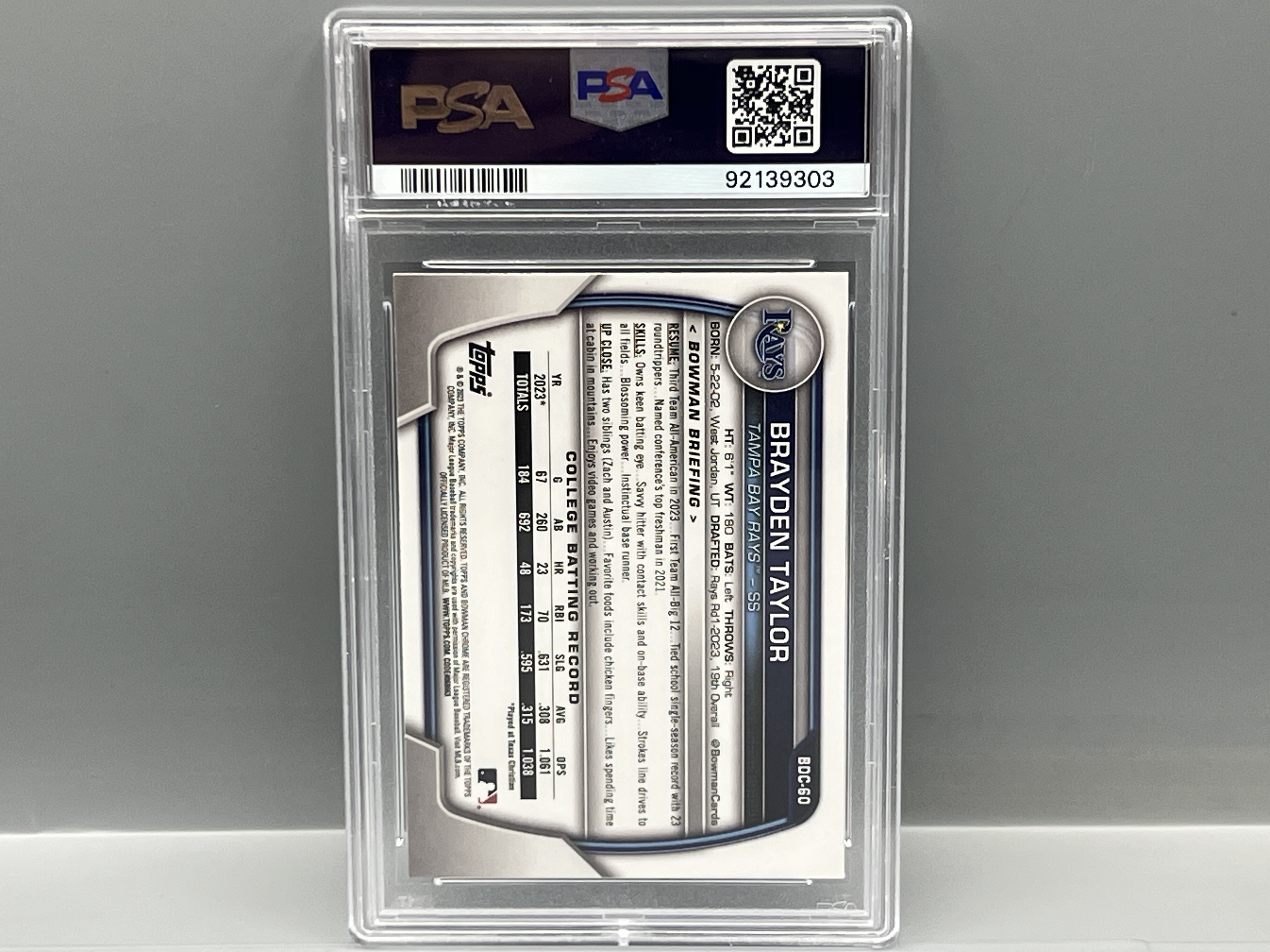 2023 Bowman Chrome Draft Brayden Taylor 1st Bowman RC Sparkle Refractor #BDC60 PSA Gem Mint 10