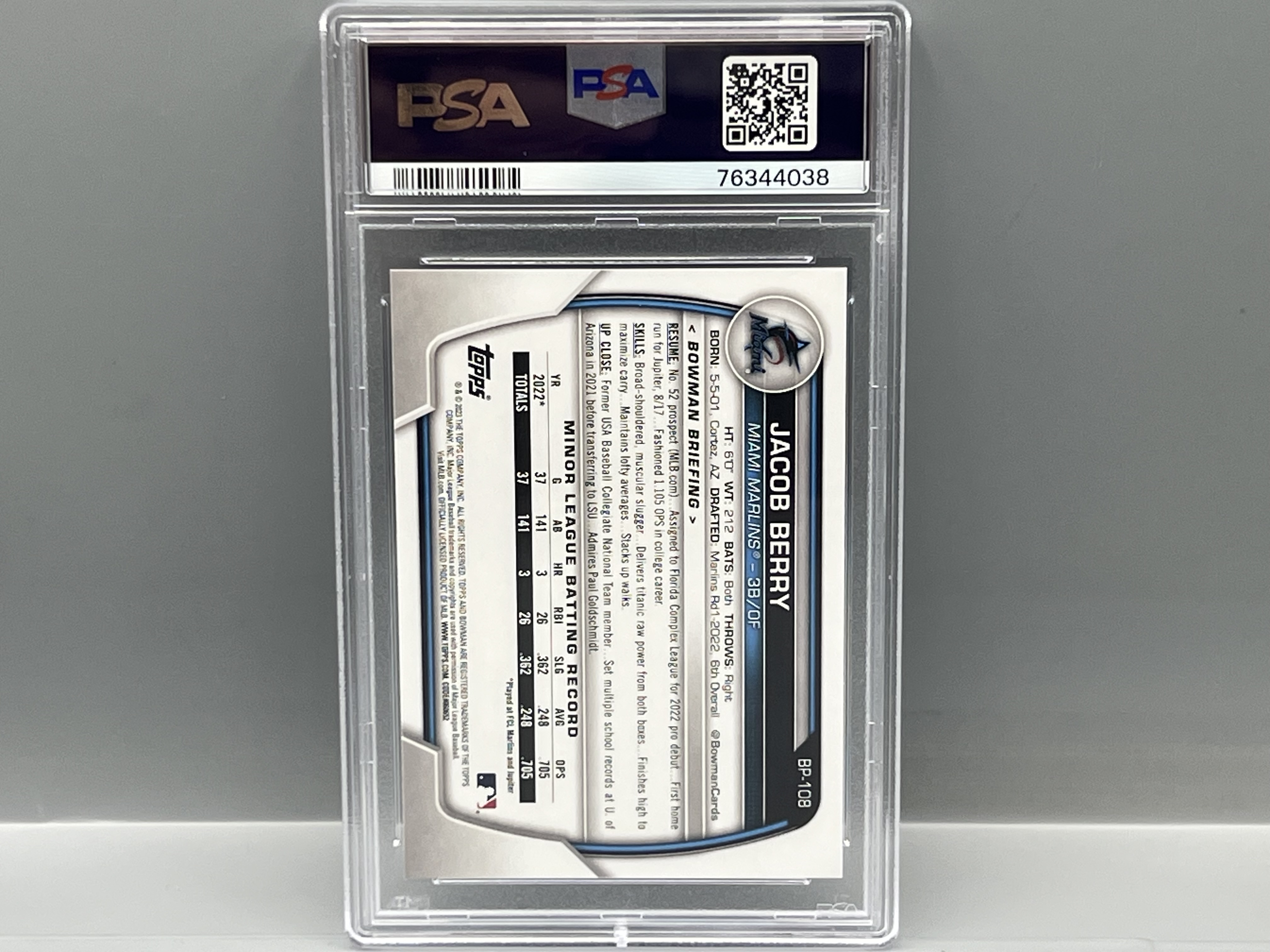 2023 Bowman Paper Jacob Berry 1st Bowman RC #BP108 PSA Gem Mint 10