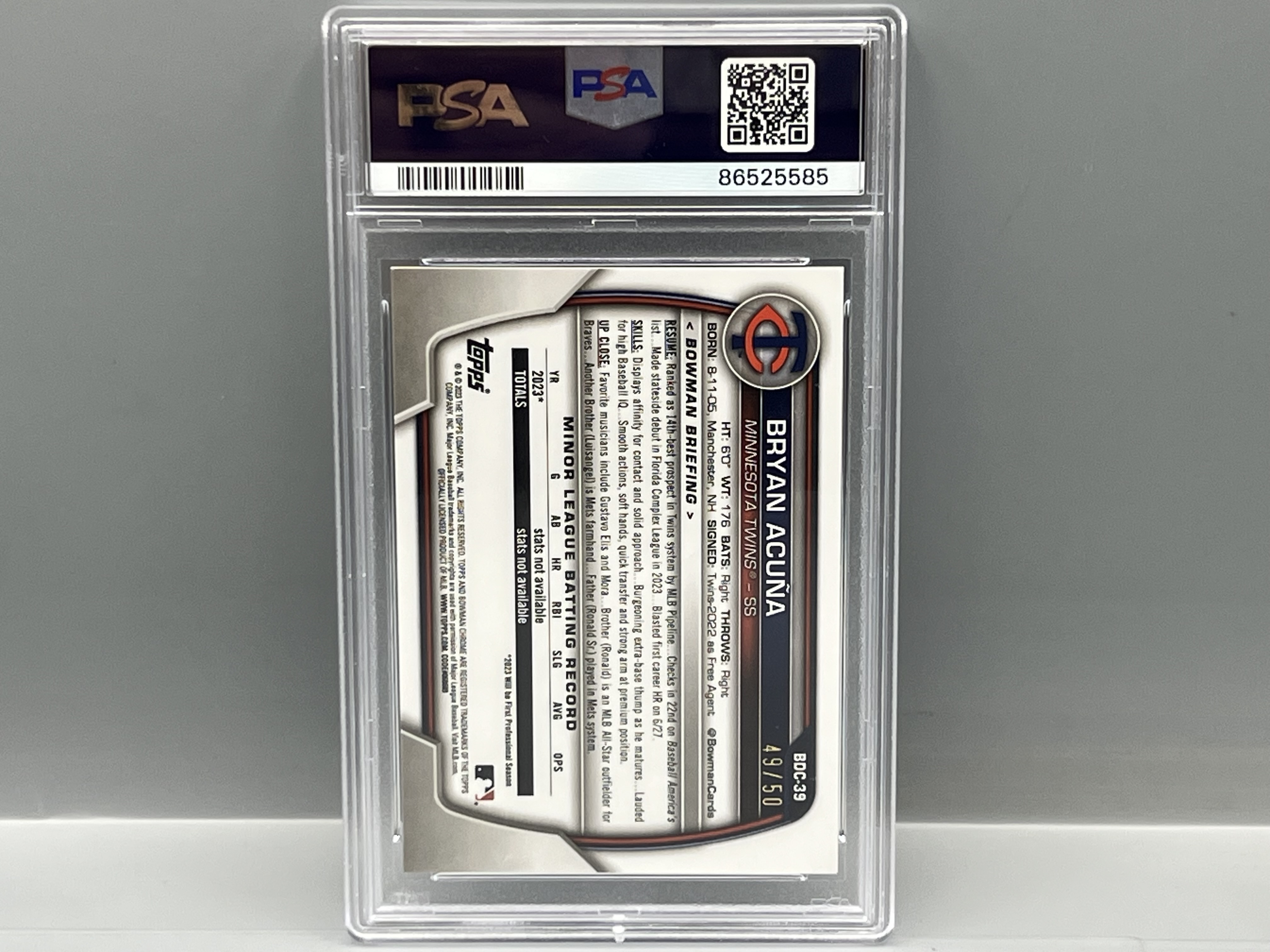 2023 Bowman Chrome Sapphire Bryan Acuna Gold Refractor #/50 PSA Gem Mint 10