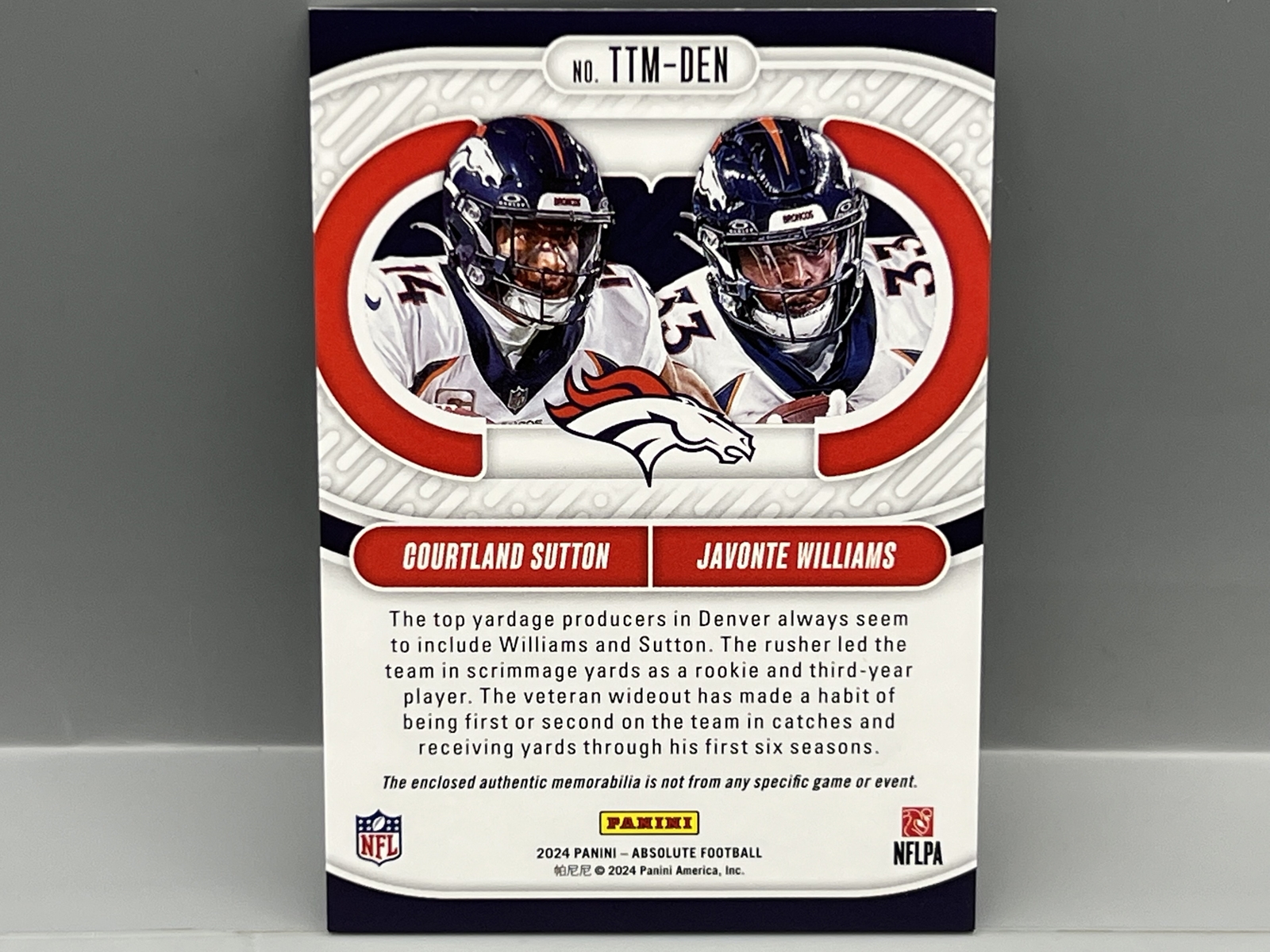 2024 Panini Absolute Memorabilia Team Tandem Materials Courtland Sutton/Javonte Williams Dual Relic #/199