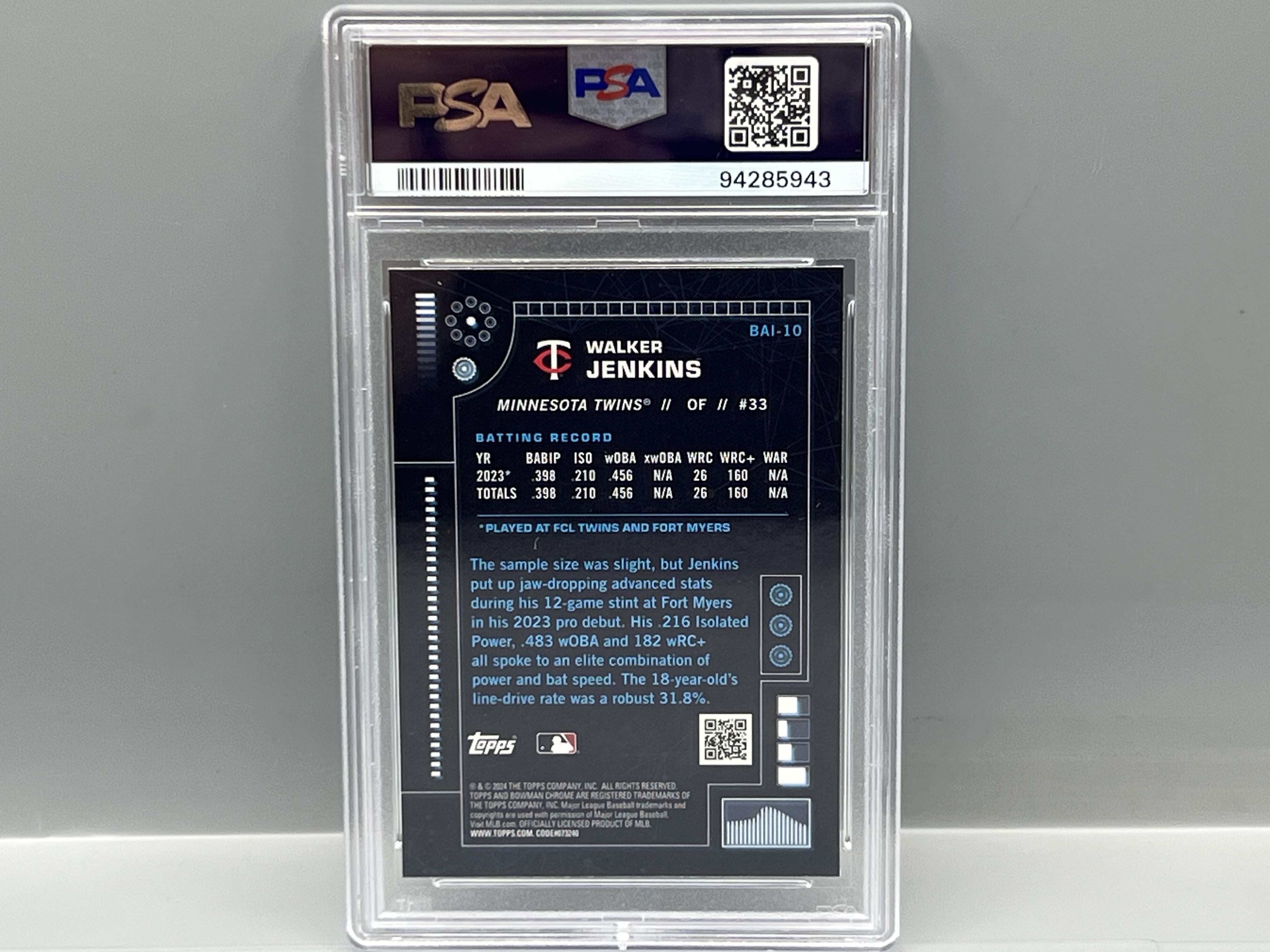 2024 Bowman Chrome Walker Jenkins AI Prospect/RC #BAI10 PSA Gem Mint 10