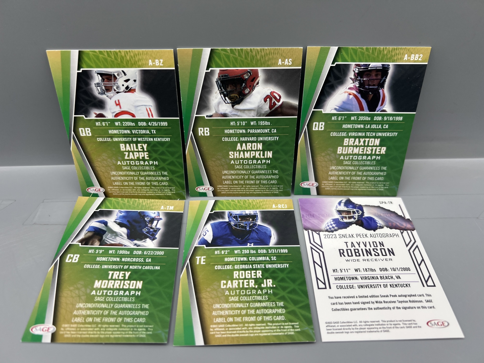 (6) Assorted Sage Football Pack Pulled RC Autos - Bailey Zappe