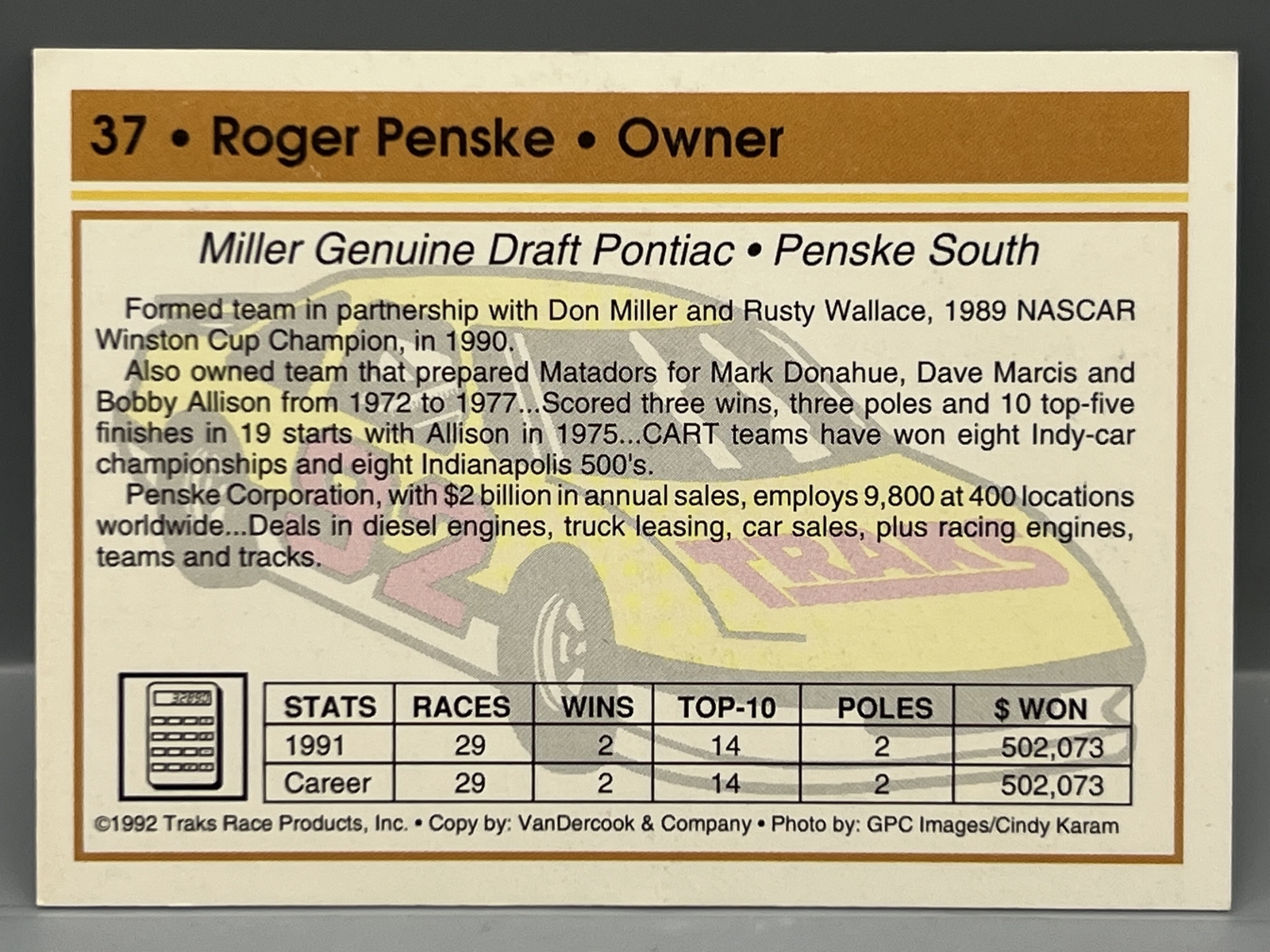 1992 Traks Racing Roger Penske In Person Auto - No COA