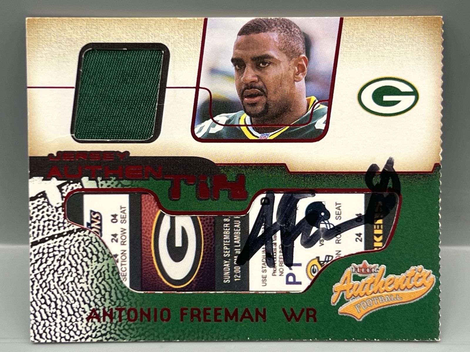 2002 Fleer Authentics Antonio Freeman Game Worn Jersey Authentix Patch W/ Added In Person Auto - No COA For Auto