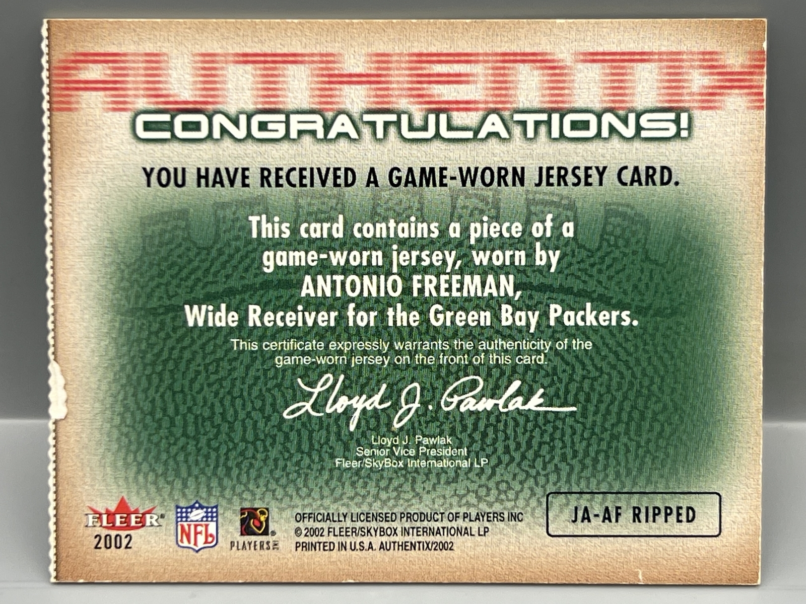 2002 Fleer Authentics Antonio Freeman Game Worn Jersey Authentix Patch W/ Added In Person Auto - No COA For Auto