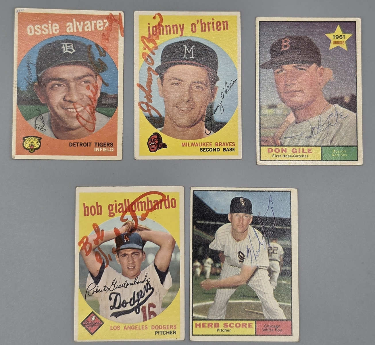 (5) Autographed Baseball Cards From 1959-61 - No COAs - Includes Herb Score and John O'Brien