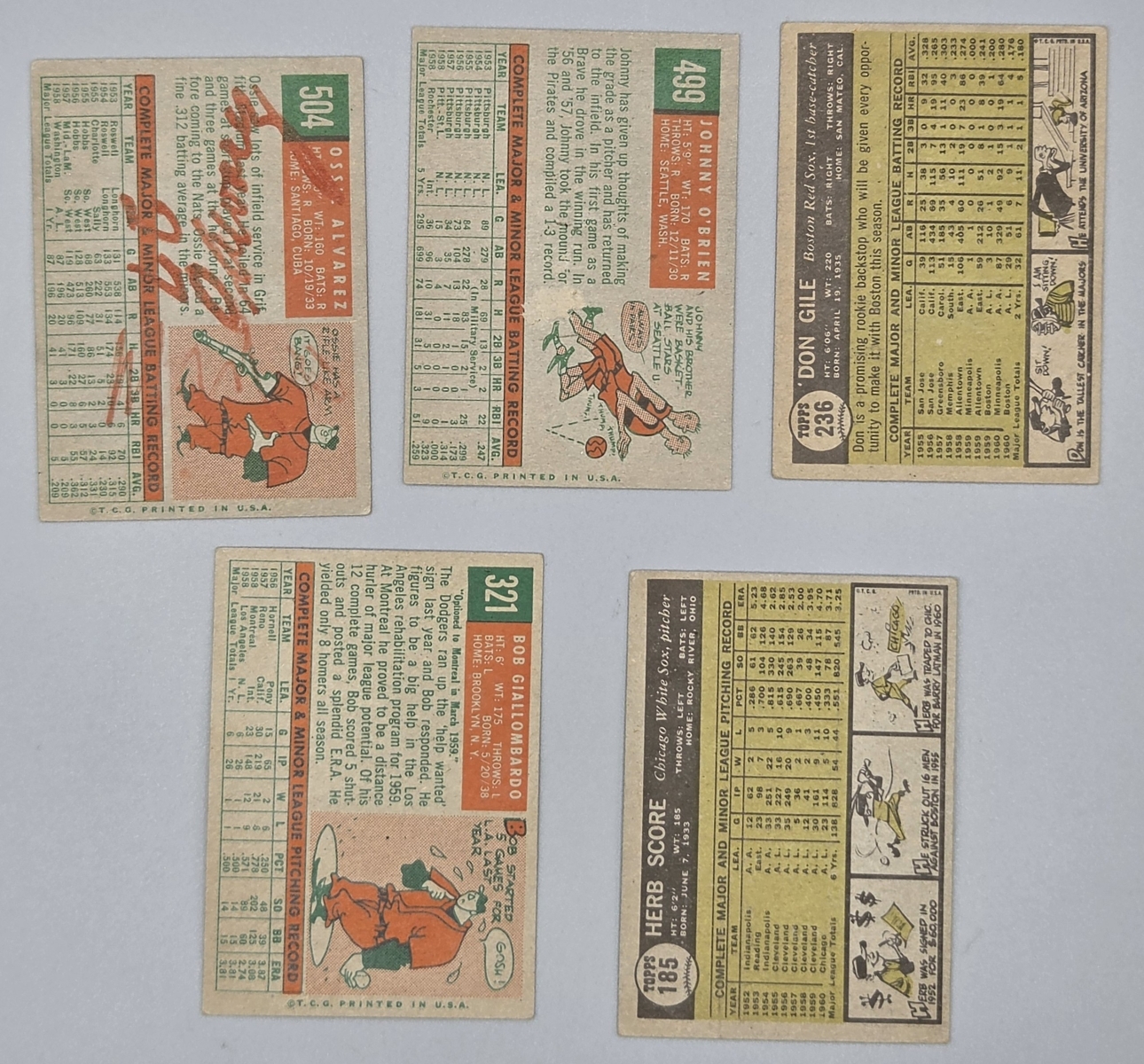 (5) Autographed Baseball Cards From 1959-61 - No COAs - Includes Herb Score and John O'Brien