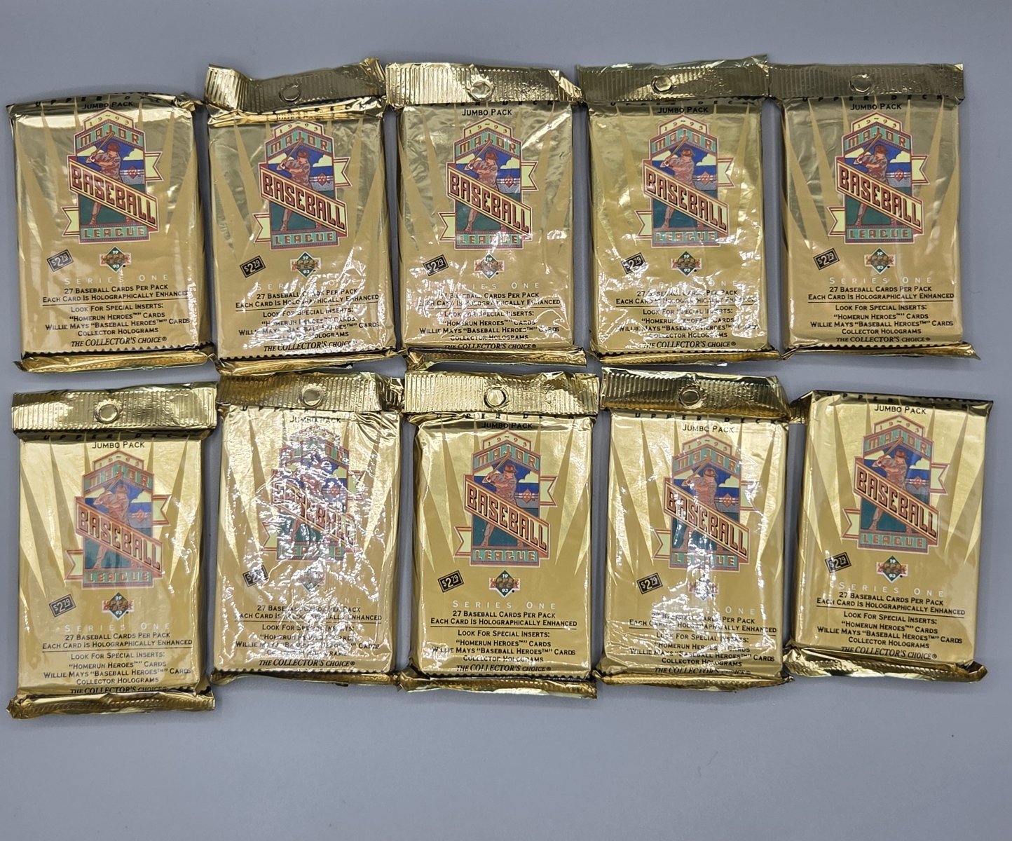 (10) 1993 Upper Deck Baseball Jumbo Packs Series 1 - 27 Cards Per Pack