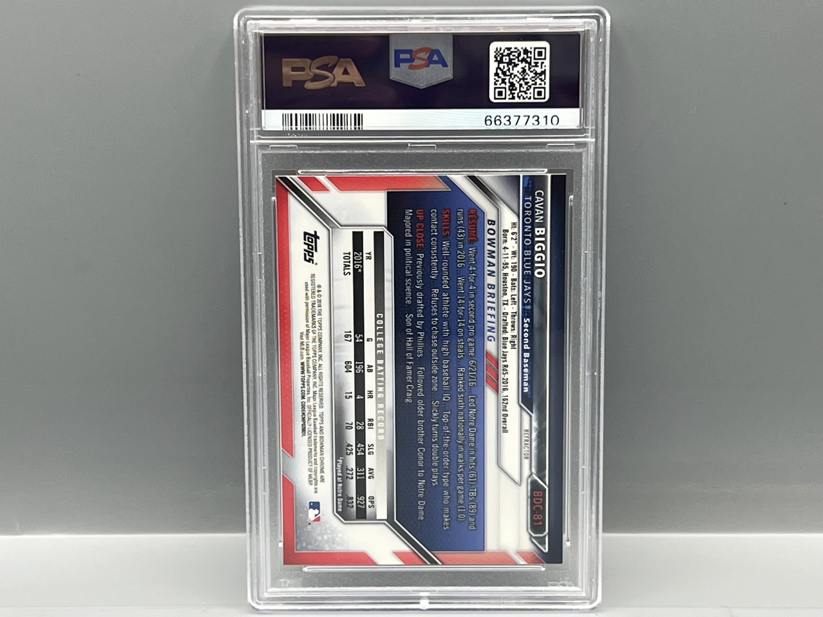 2016 Bowman Chrome Draft Cavan Biggio 1st Bowman Refractor RC #BDC81 PSA Gem Mint 10