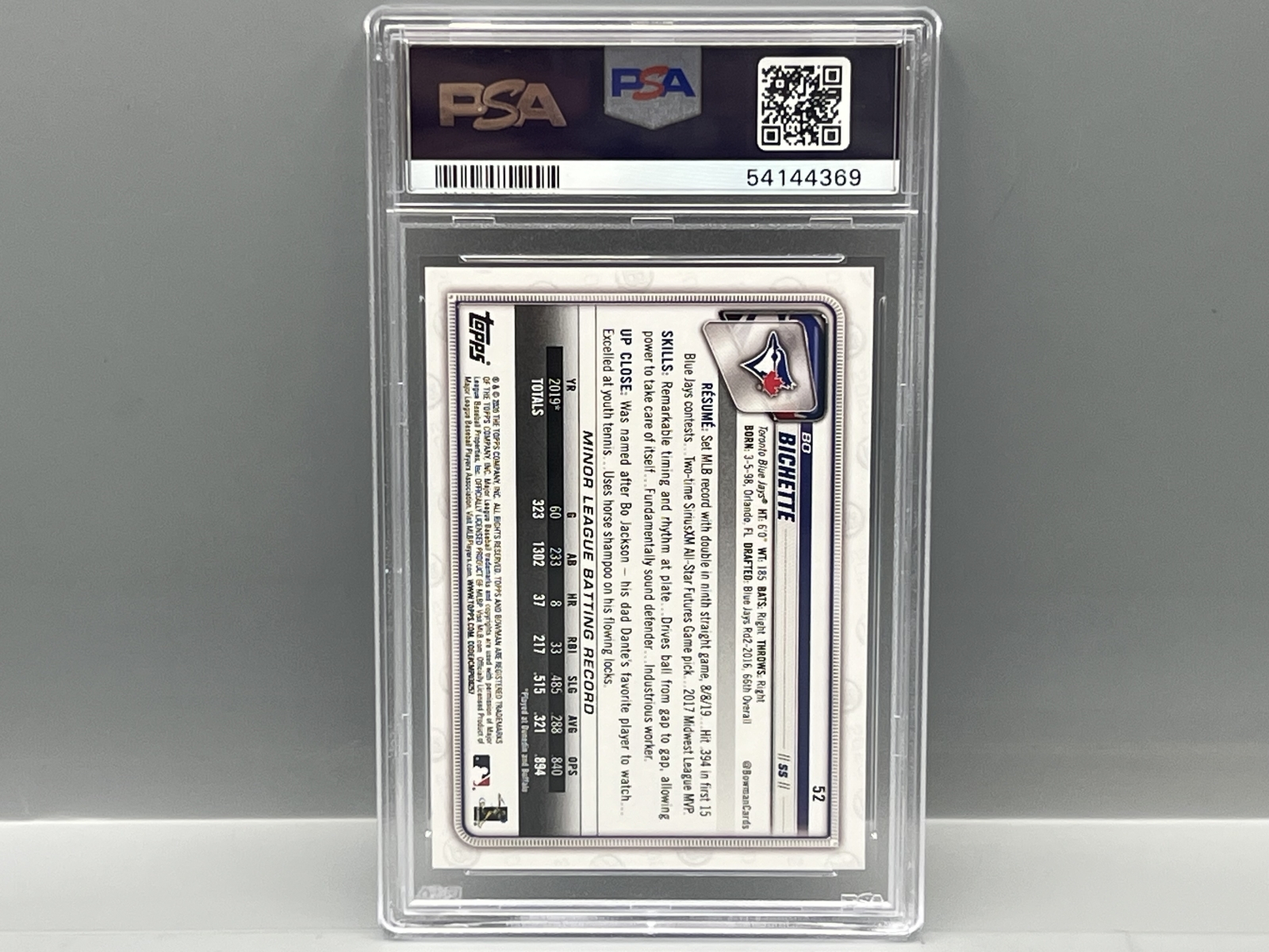 2020 Bowman Bo Bichette RC #52 PSA Gem Mint 10