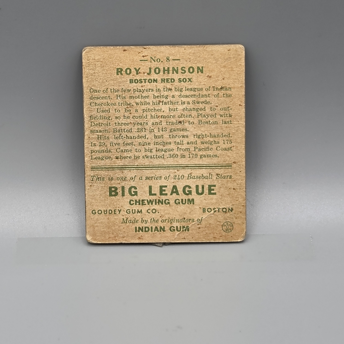 1933 Goudey Roy Johnson #8 Tougher Low Number