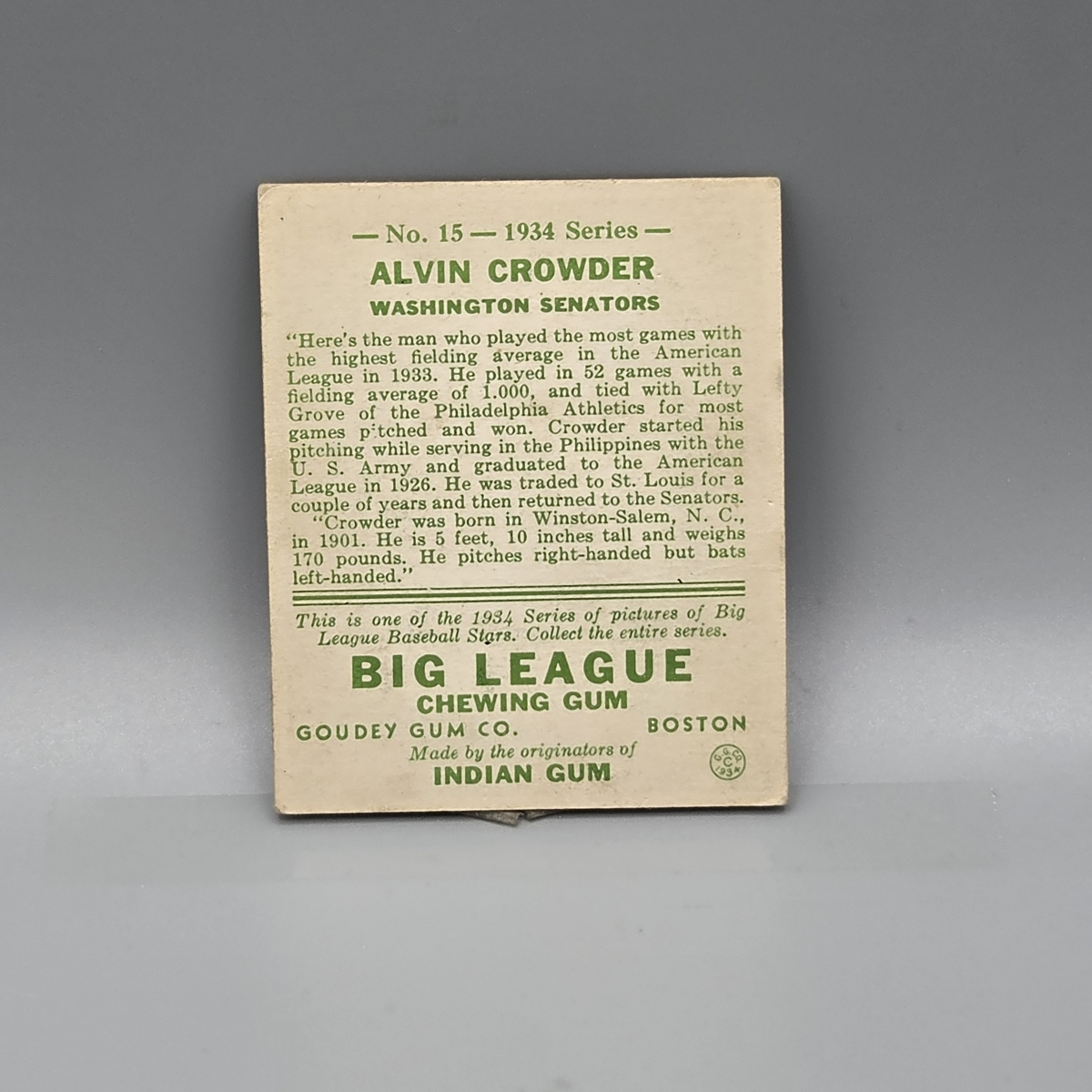 1934 Goudey Alvin Crowder #15 Nice Centering
