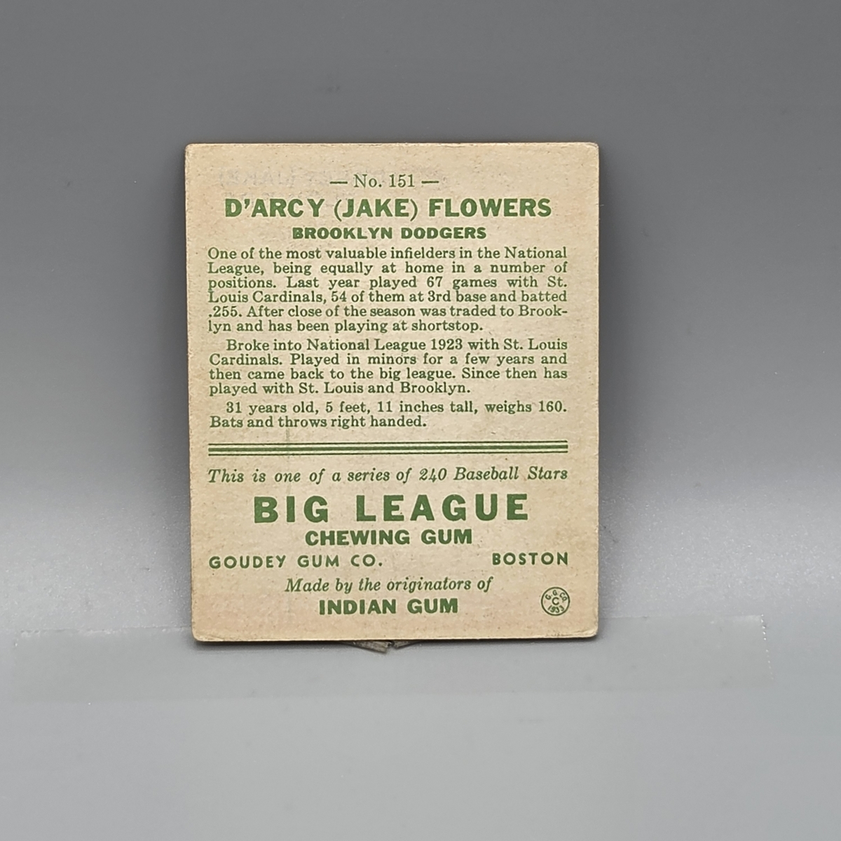 1933 Goudey Jake Flowers #151