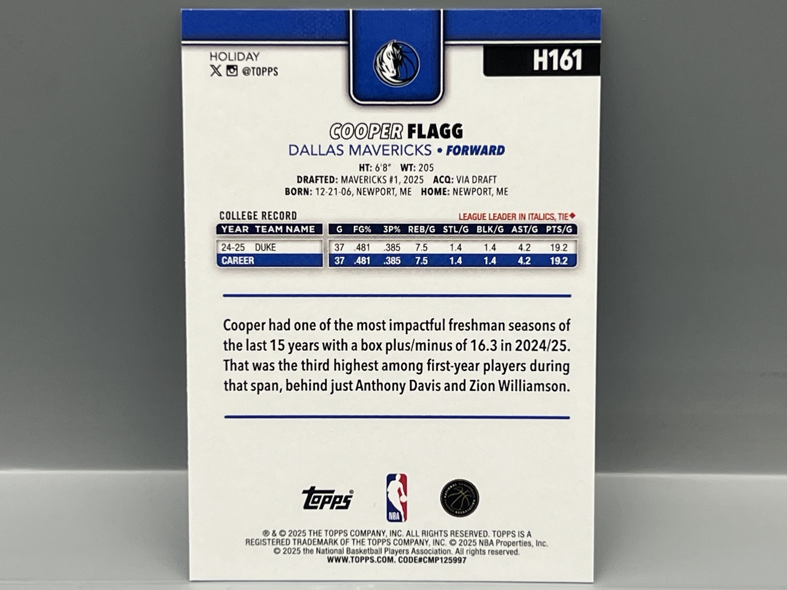 2025 Topps Holiday Cooper Flagg RC #H161