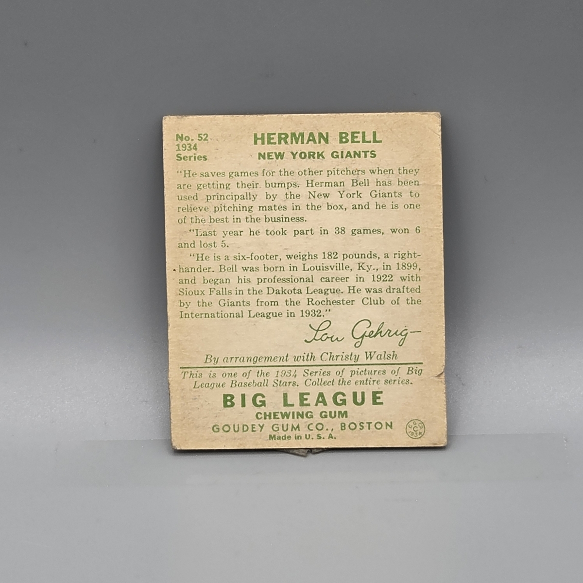 1934 Goudey Herman Bell #52