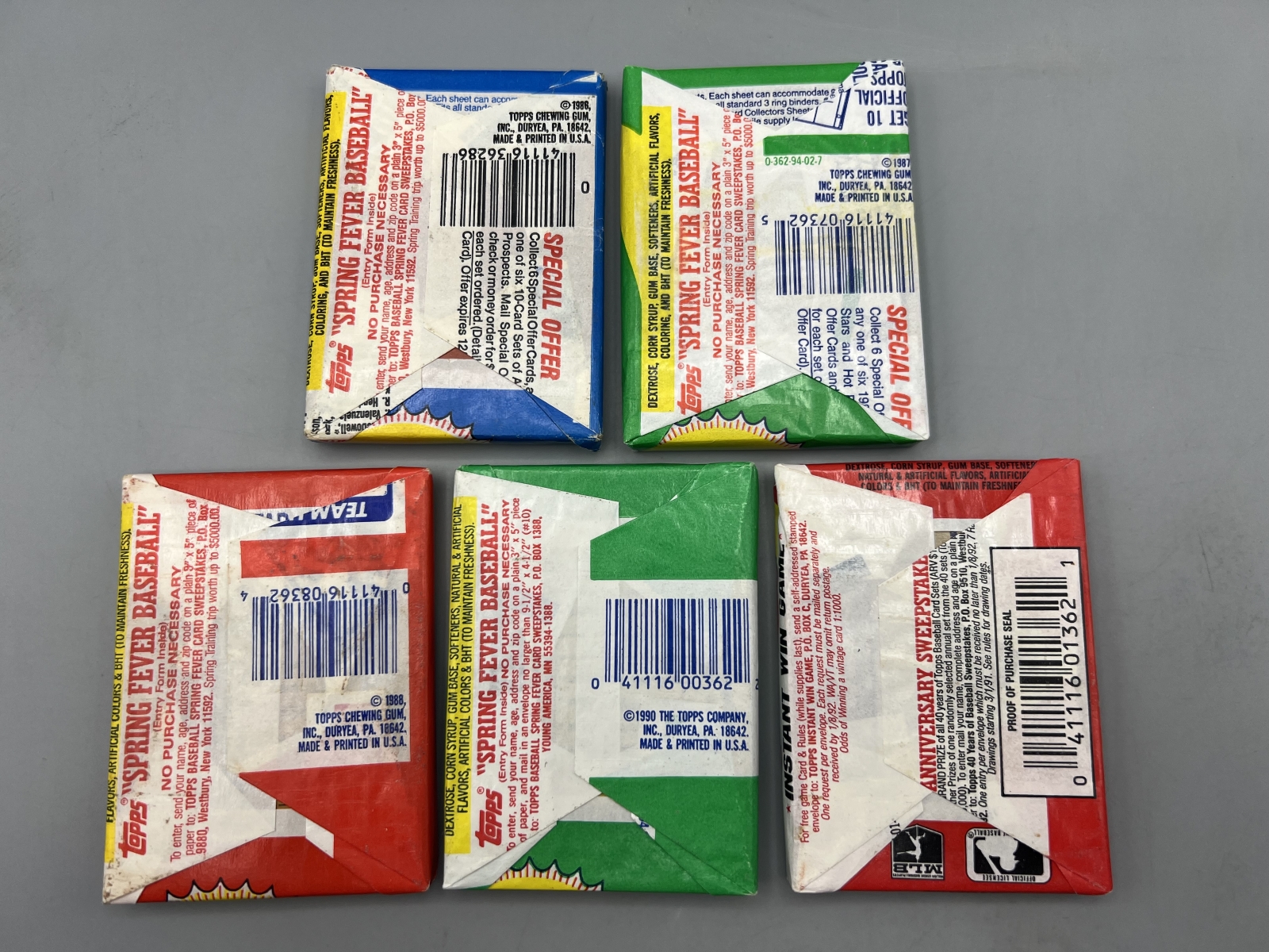 (5) 1986-91 Topps Baseball Unopened Wax Packs