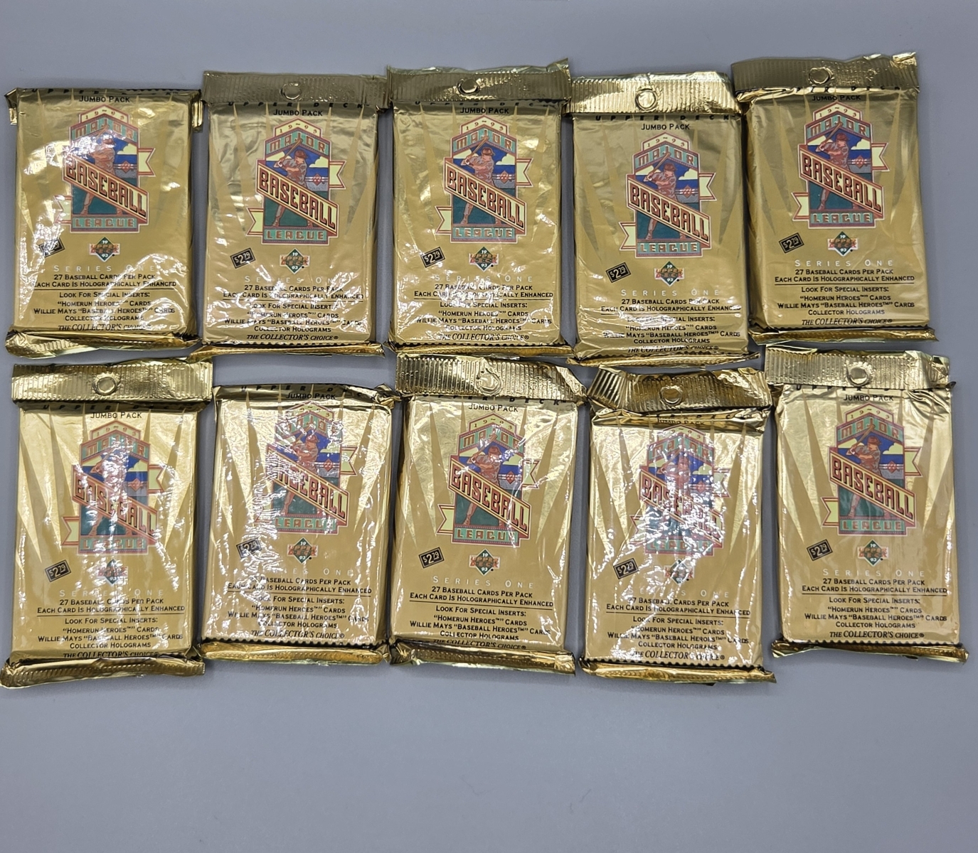 (10) 1993 Upper Deck Baseball Jumbo Packs Series 1 - 27 Cards Per Pack