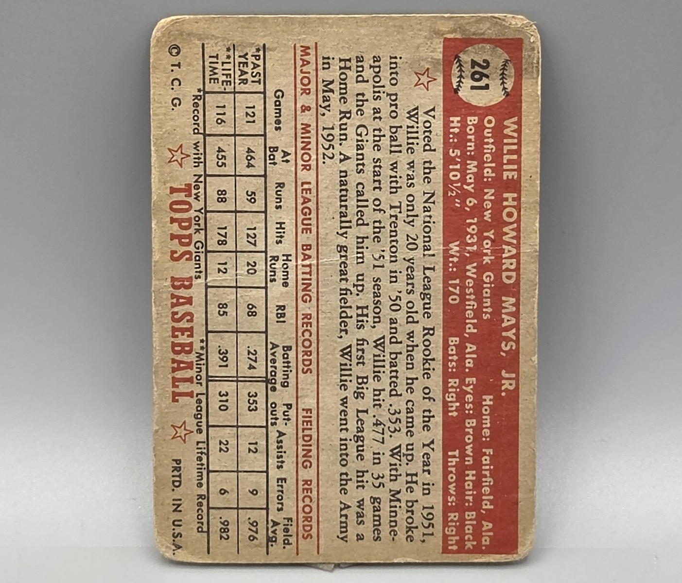1952 Topps Willie Mays #261 HOF