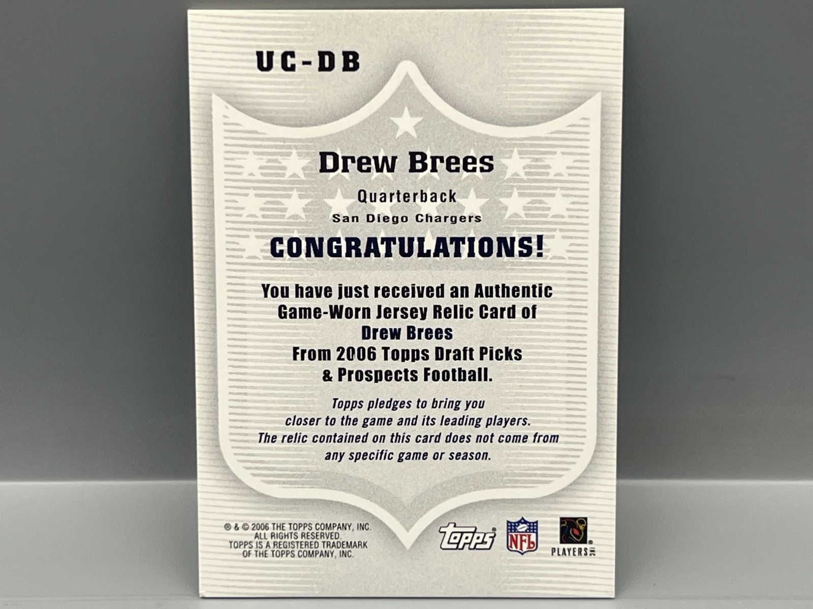 2006 Topps Draft Picks & Prospects Drew Brees Game Worn Jersey Relic