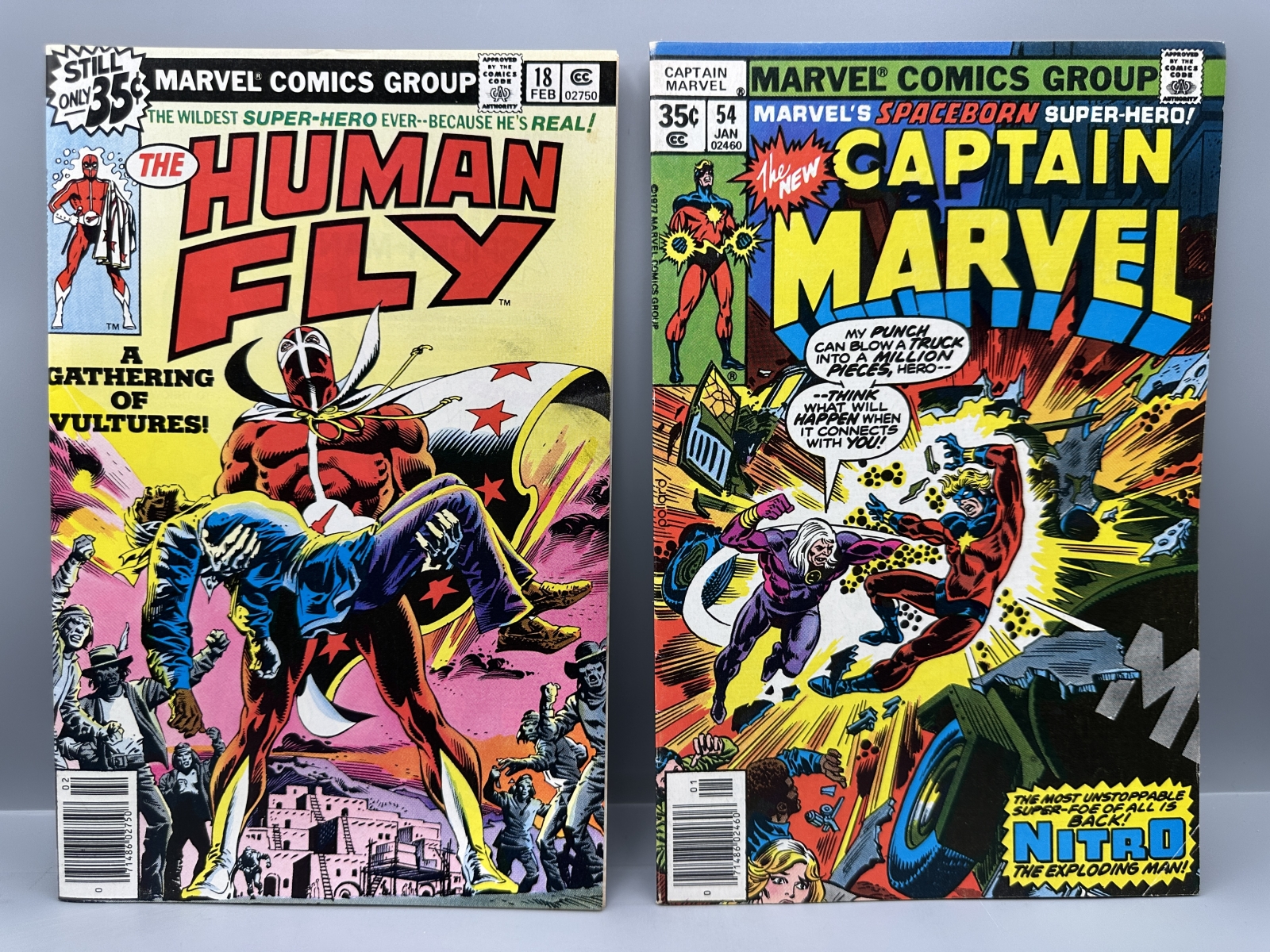 1979 Marvel Comics Group The Human Fly #18 & 1978 Captain Marvel #54 - Features Nitro the Exploding Man