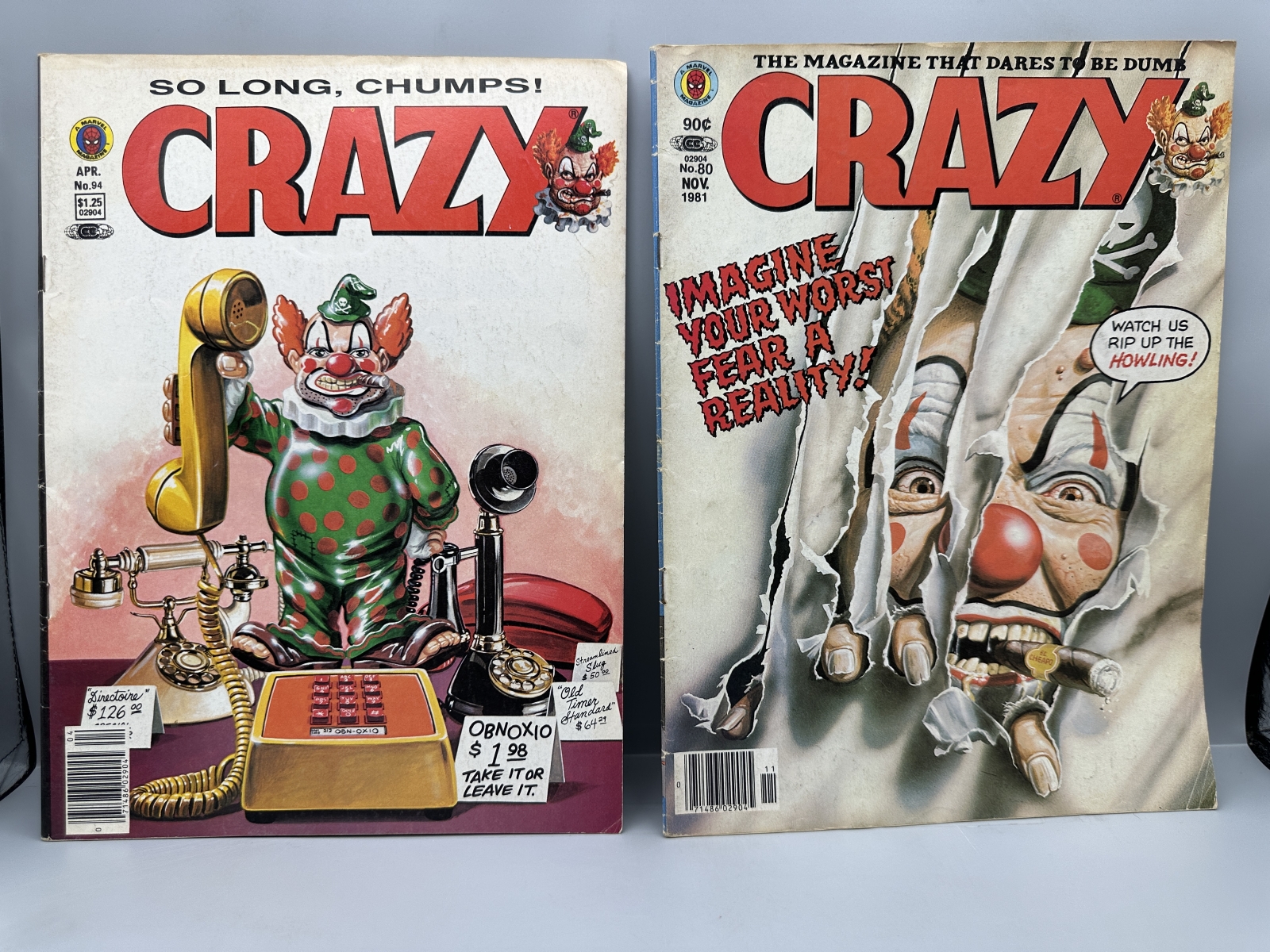 1981 Marvel Comics Crazy #80 & 1983 #94 - Final issue of original series - Obnoxio the Clown covers - Bob Larkin art