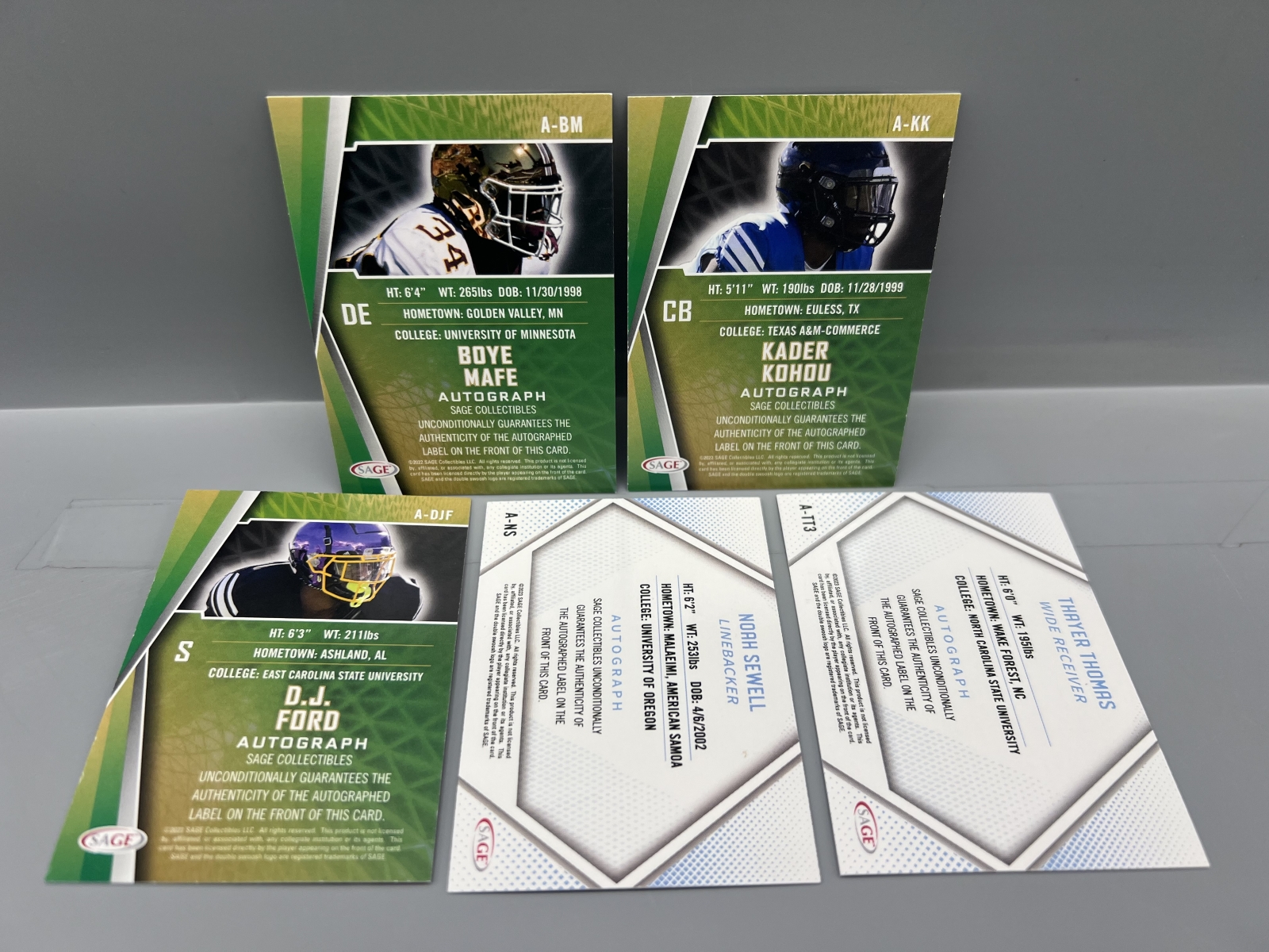 (5) Assorted Sage Football Auto Cards - Boye Mafe