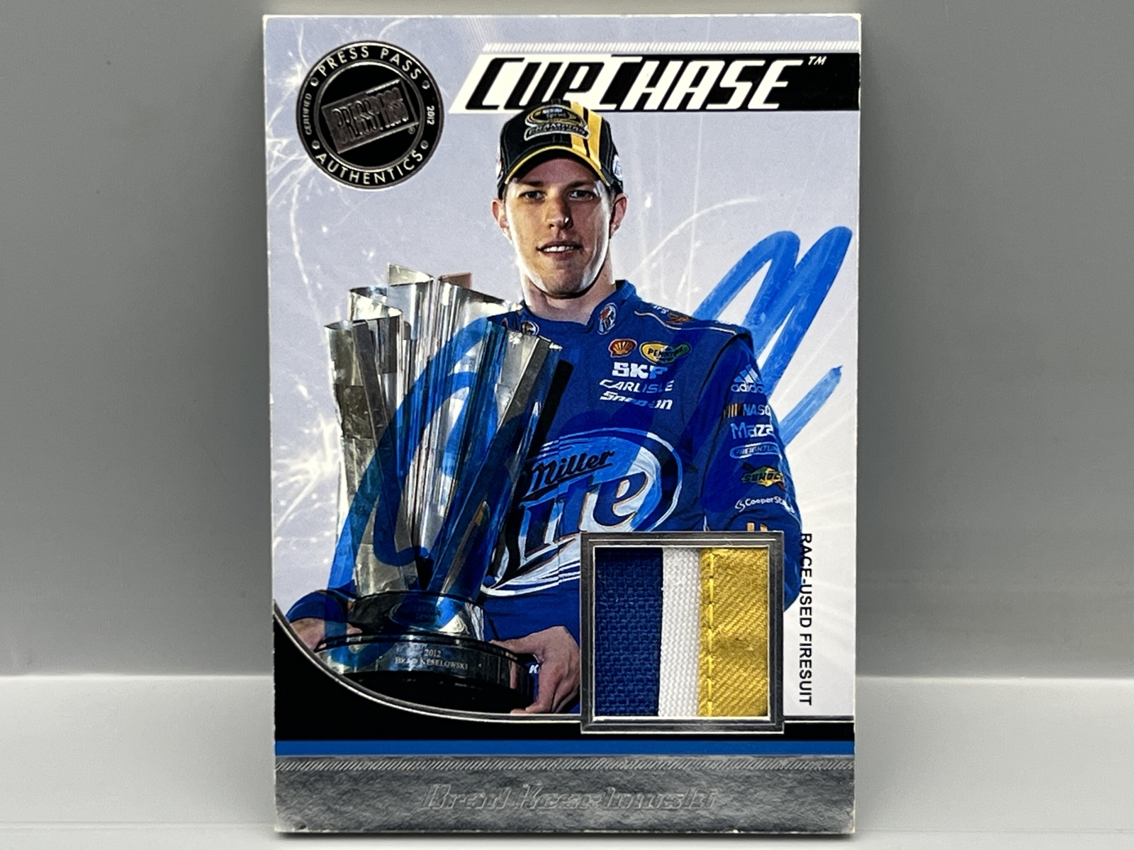 2012 Press Pass Brad Keselowski Cup Chase Race Used Firesuit Tri Color Patch W/ In Person Auto - No COA On Auto