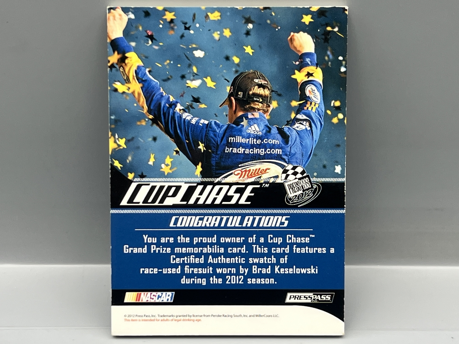 2012 Press Pass Brad Keselowski Cup Chase Race Used Firesuit Tri Color Patch W/ In Person Auto - No COA On Auto