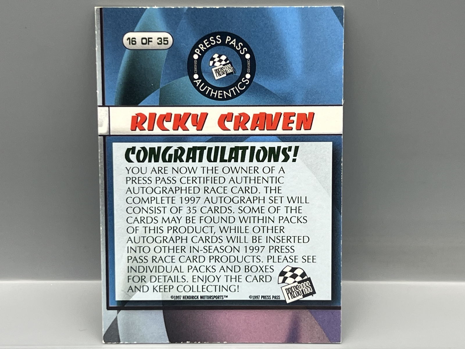 1997 Press Pass Racing Ricky Craven Pack Pulled Auto #16