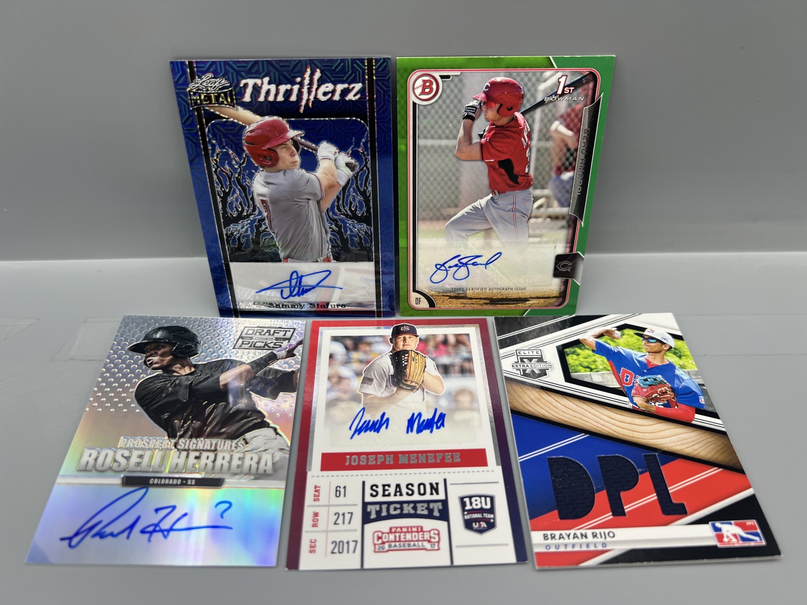 (5) Assorted Baseball Pack Pulled Autos & Relic Cards - Sammy Stafura #/6, Beau Amaral #/99