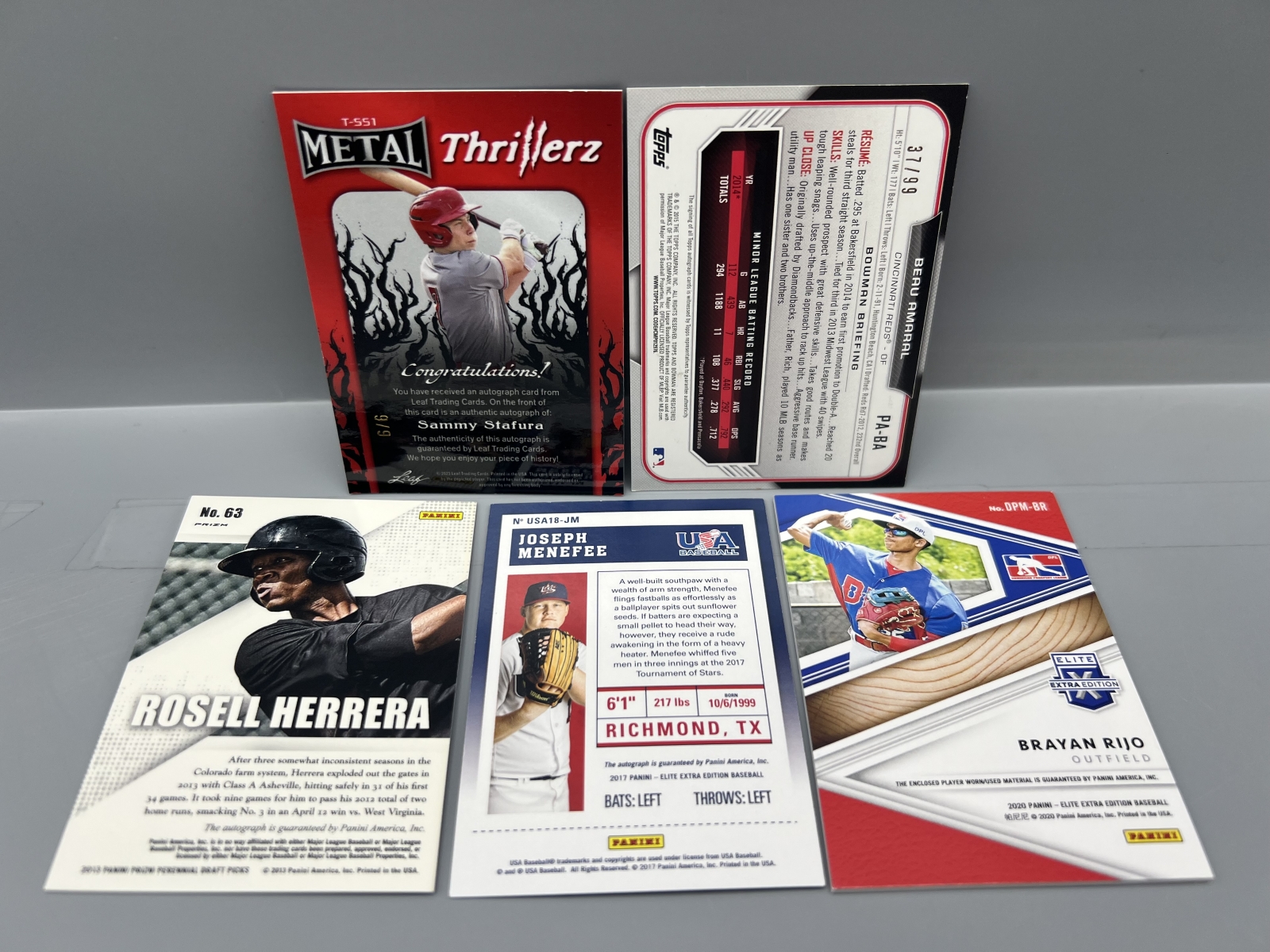 (5) Assorted Baseball Pack Pulled Autos & Relic Cards - Sammy Stafura #/6, Beau Amaral #/99