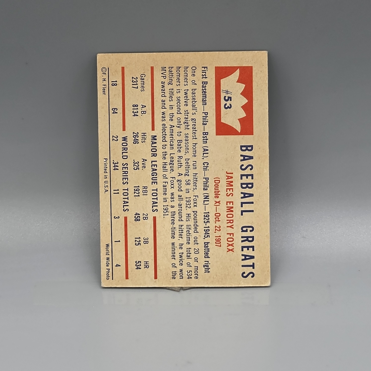 1960 Fleer Jimmy Foxx #53 HOF