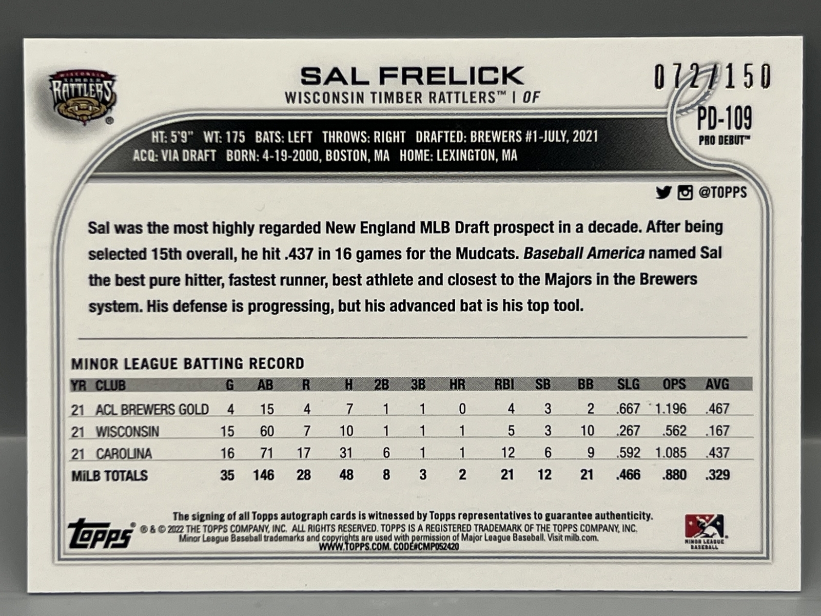 2022 Topps Pro Debut Sal Frelick Blue Prospect/RC Auto #/150