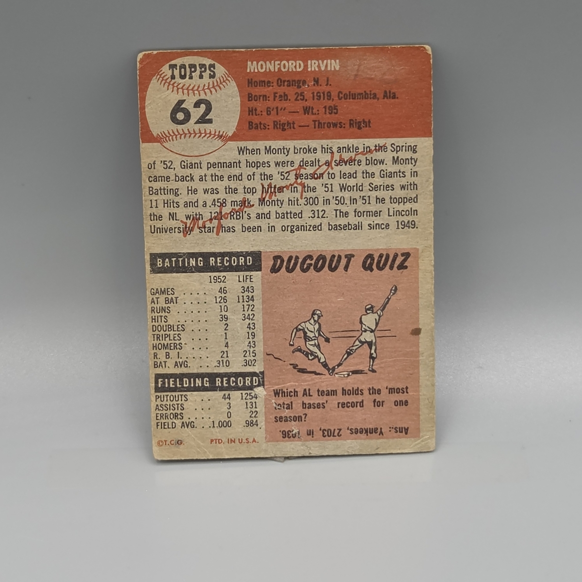 1953 Topps Monte Irvin #62 HOF