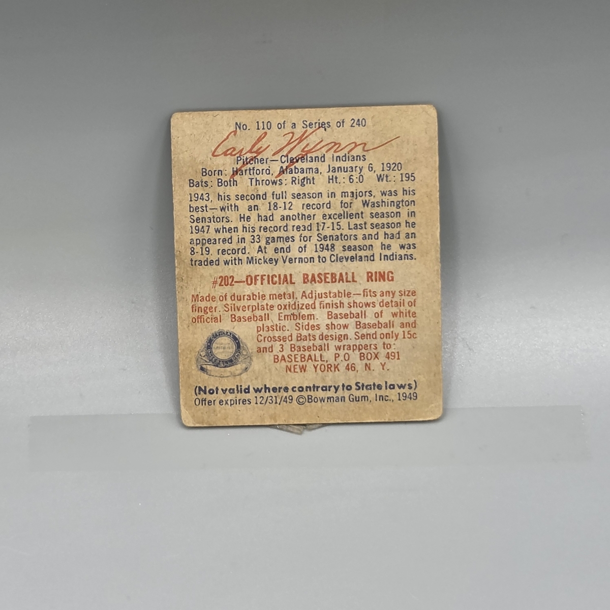 1949 Bowman Early Wynn #110 Rookie HOF