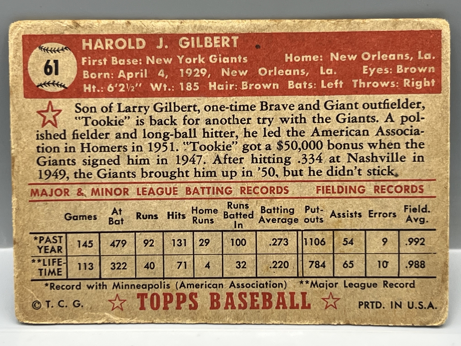1952 Topps Tookie Gilbert #61