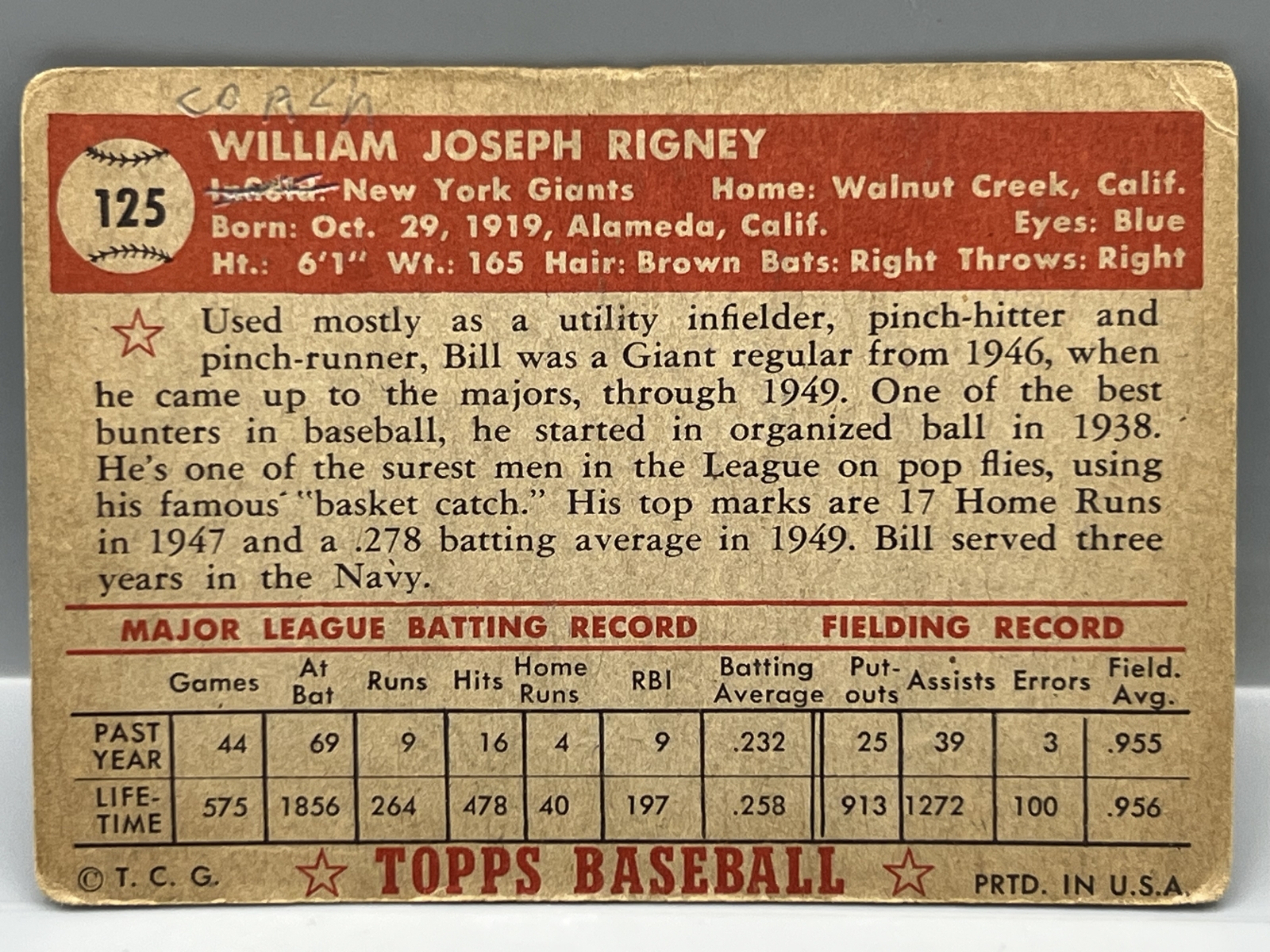 1952 Topps Bill Rigney #125